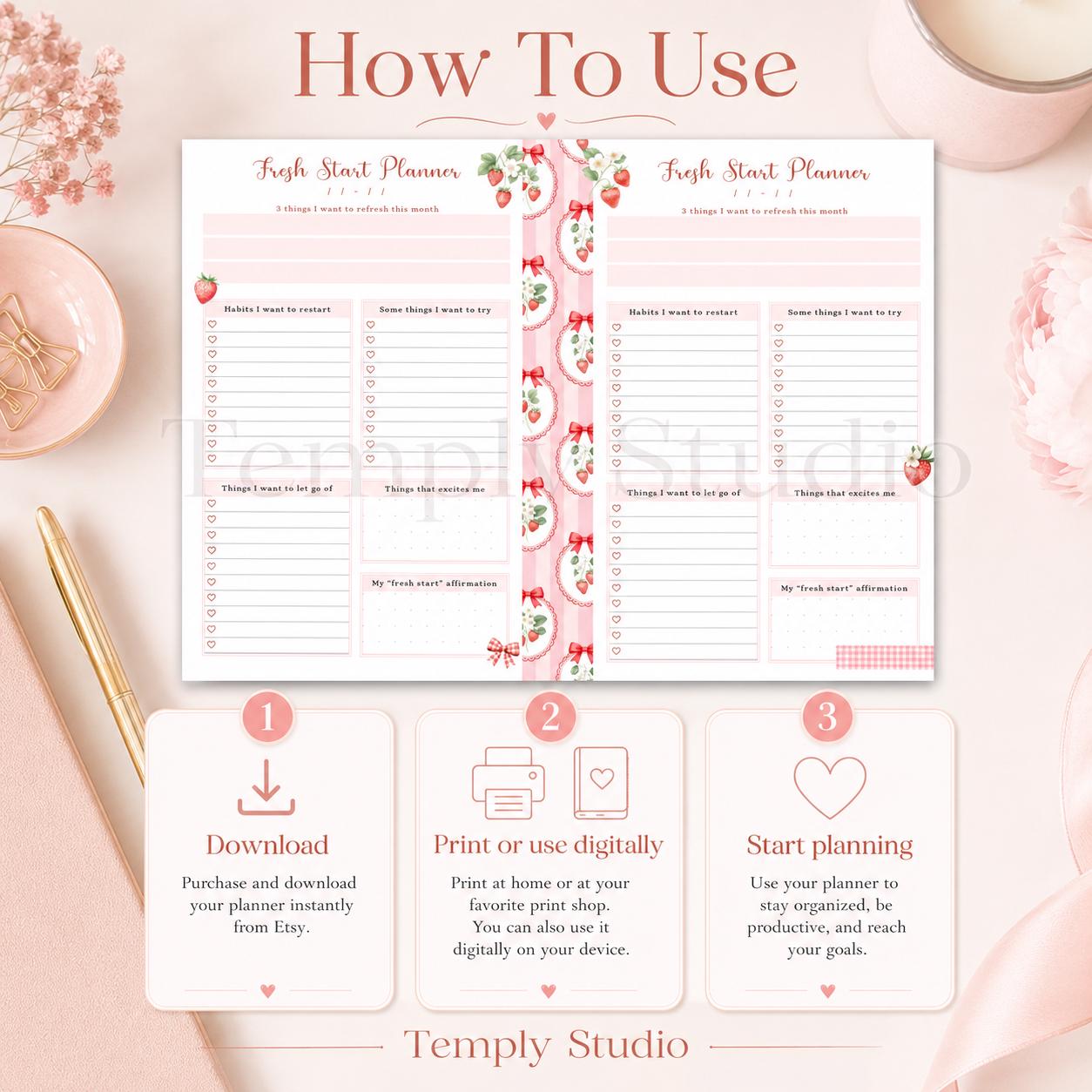 Fresh Start Planner Printable | Strawberry Aesthetic Monthly Reset Journal Page  - image 9