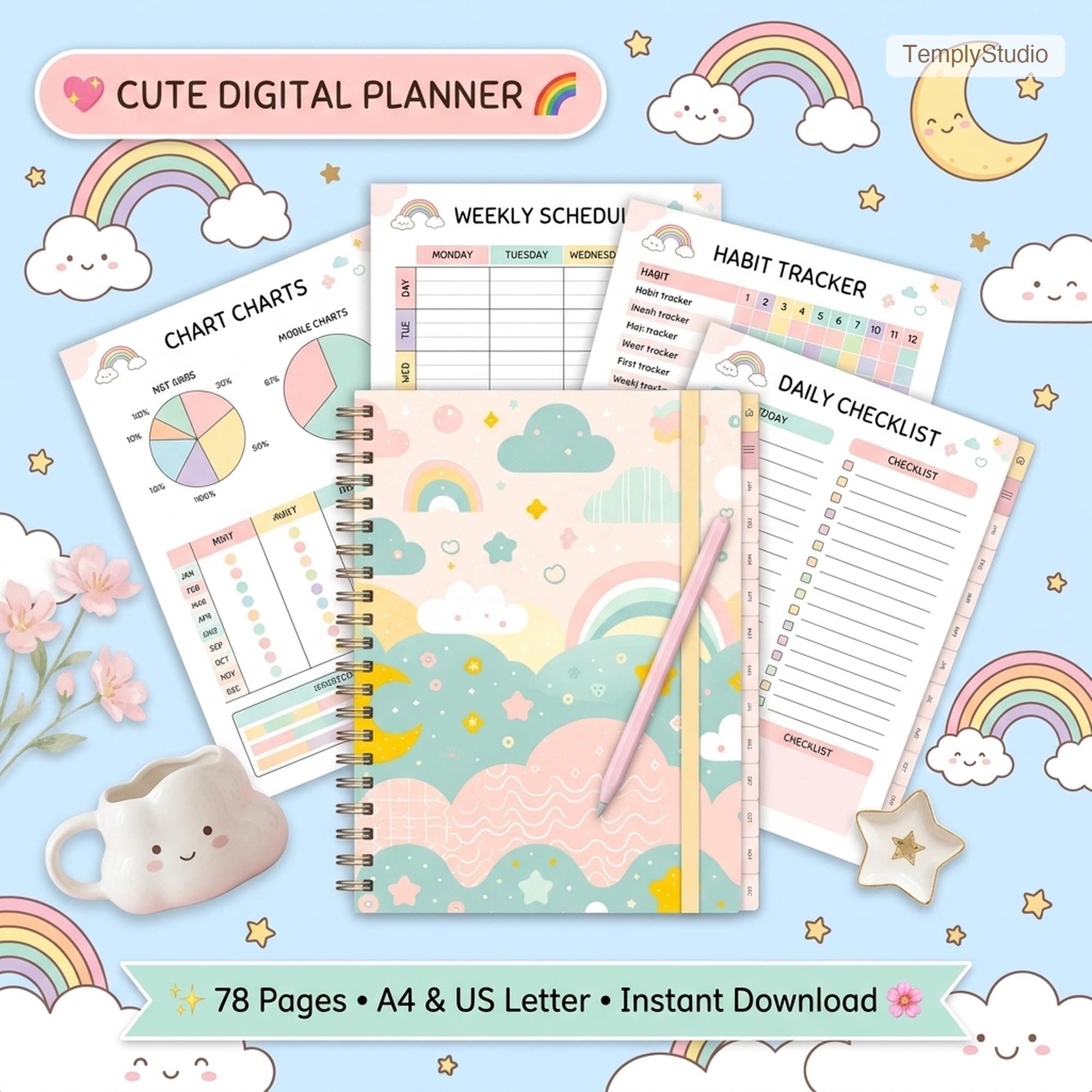 Undated Cute Digital Planner | Pastel Rainbow Planner for iPad compatible with GoodNo - image 1