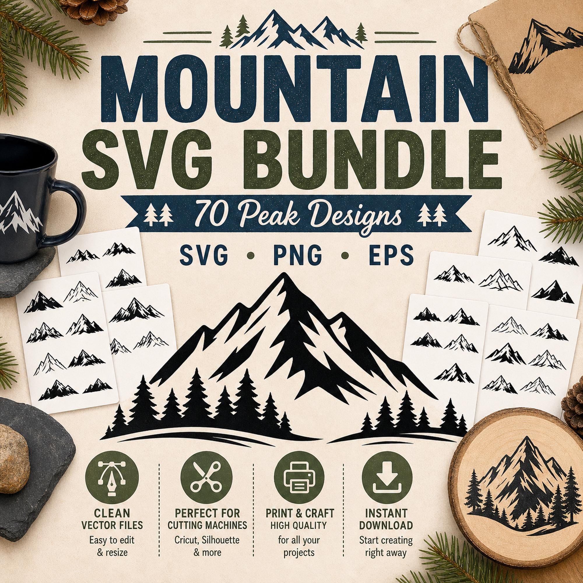 70 Mountain SVG Bundle Silhouette | Peak Designs Cricut Files | Mountain PNG | Forest - image 1
