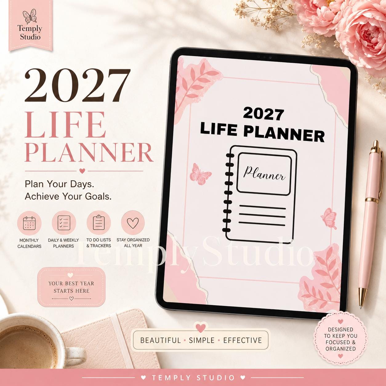 2027 Life Planner Digital | Dated Daily Weekly and Monthly Planner | Pink Floral Desi - image 1