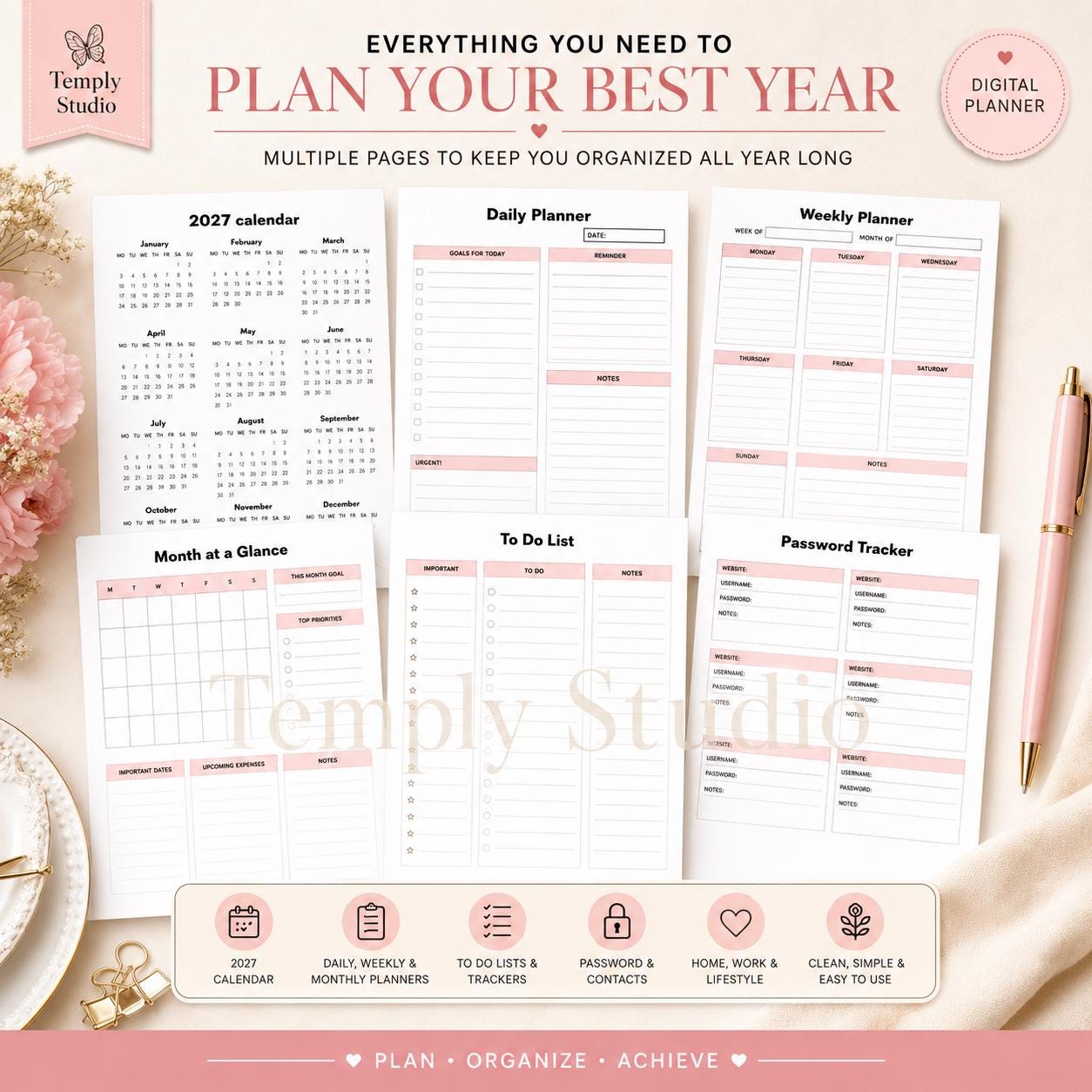 2027 Life Planner Digital | Dated Daily Weekly and Monthly Planner | Pink Floral Desi - image 6