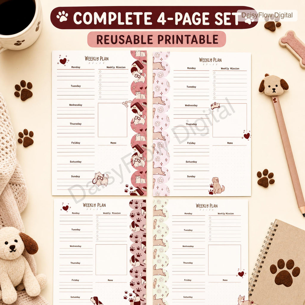 4 Cute Dog Weekly Planner Pages | Printable Weekly Schedule, Undated Digital Planner - image 2