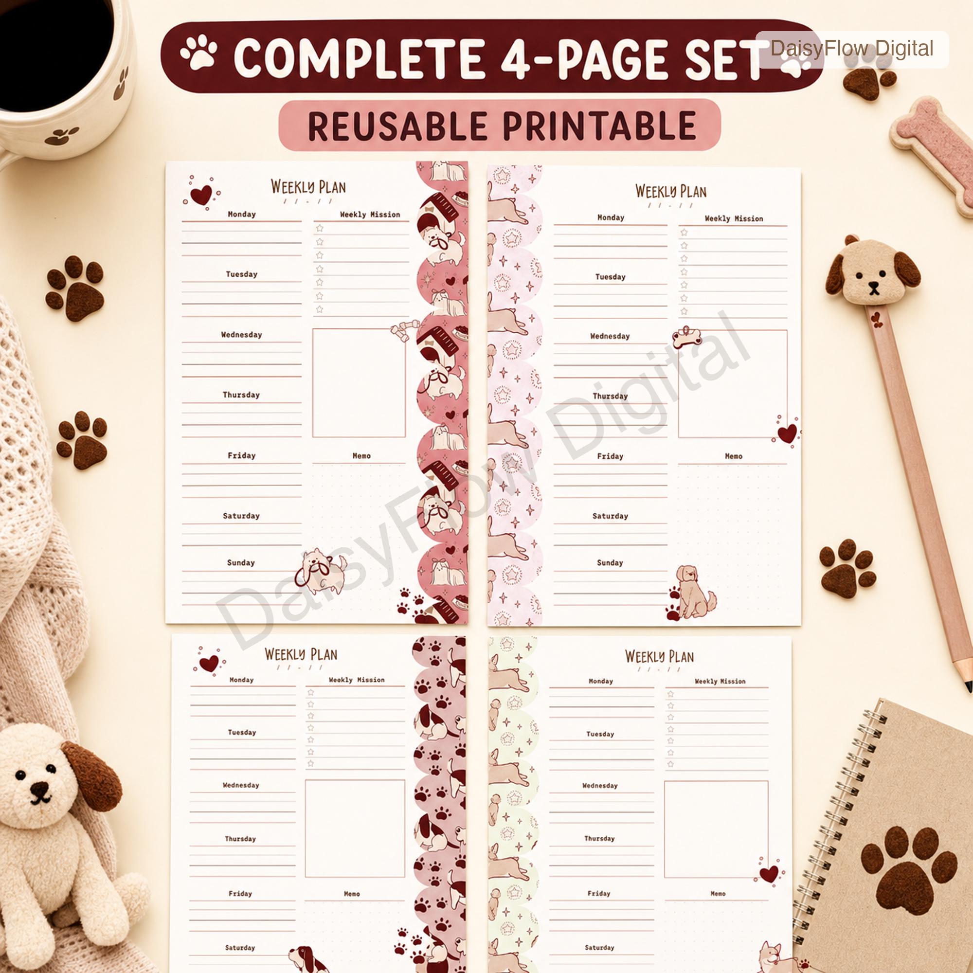 4 Cute Dog Weekly Planner Pages | Printable Weekly Schedule, Undated Digital Planner - image 2
