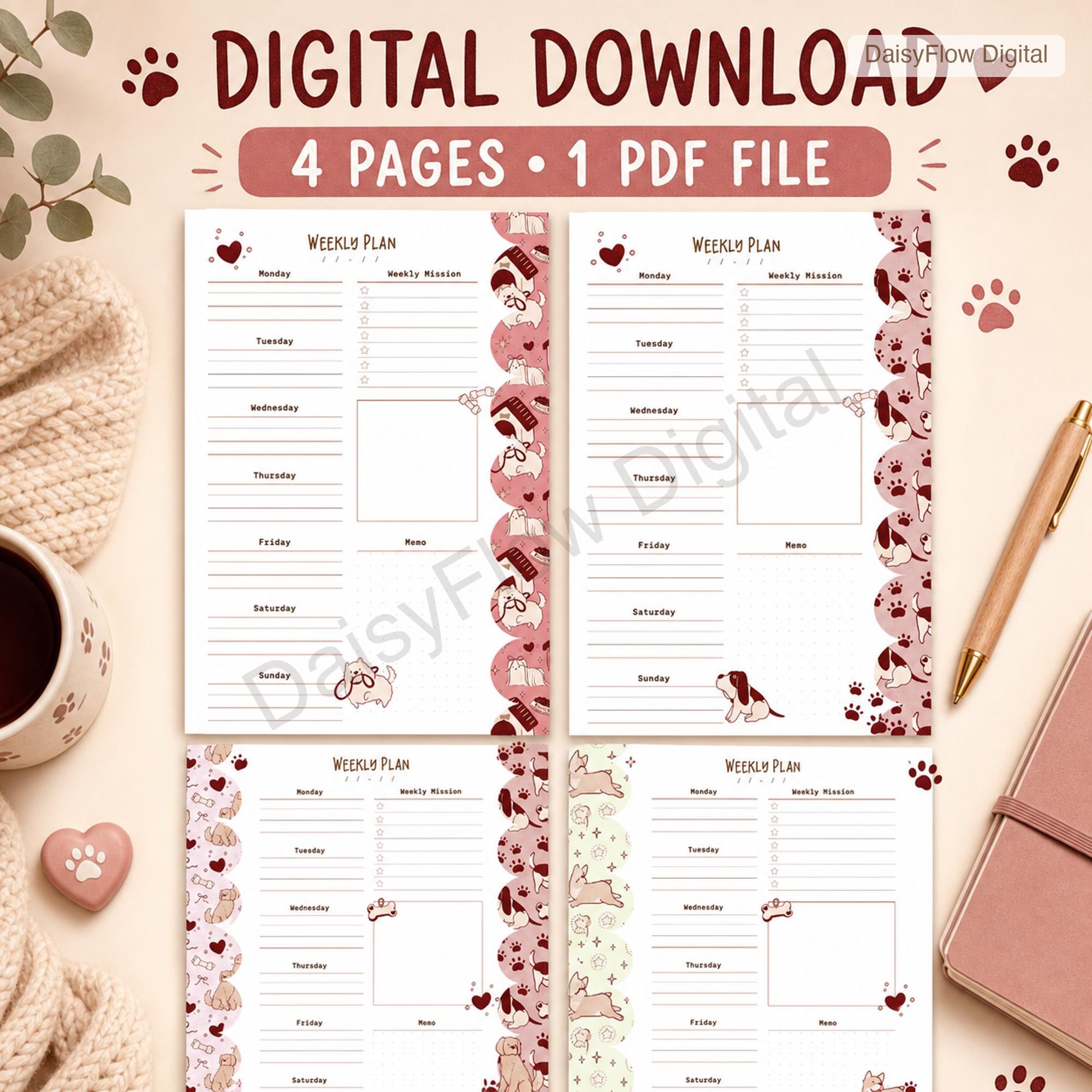 4 Cute Dog Weekly Planner Pages | Printable Weekly Schedule, Undated Digital Planner - image 3