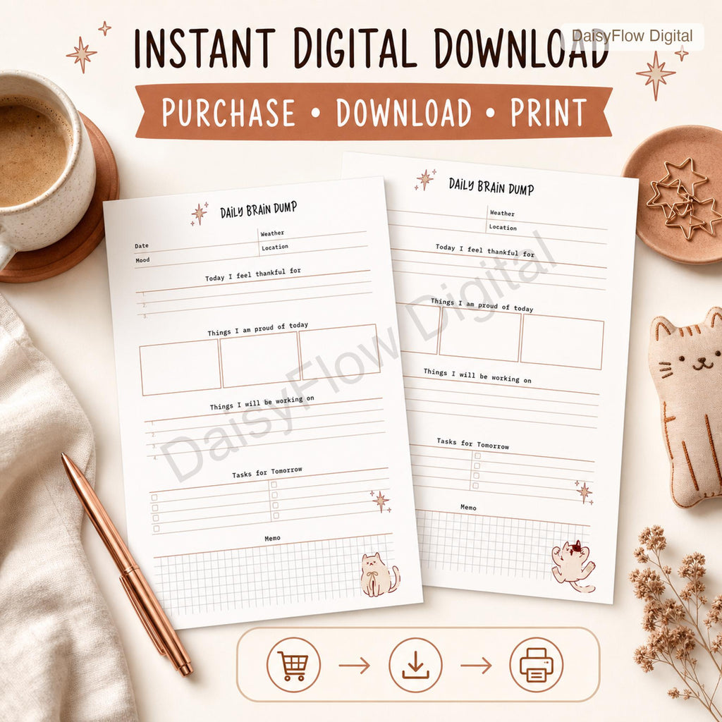 12 Page Cute Cat Daily Brain Dump Printable | Anxiety Journal and To Do List | Mental - image 4
