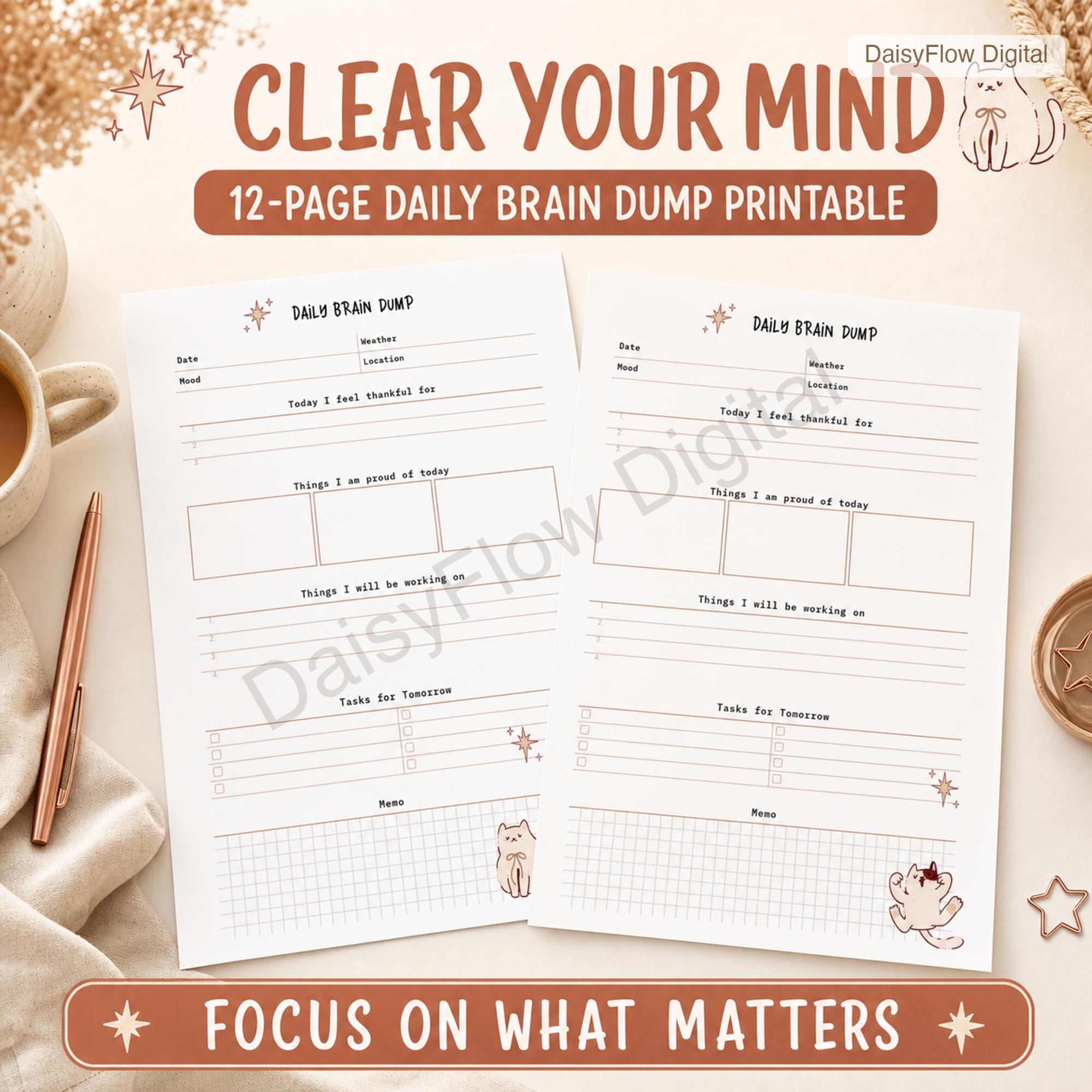 12 Page Cute Cat Daily Brain Dump Printable | Anxiety Journal and To Do List | Mental - image 7