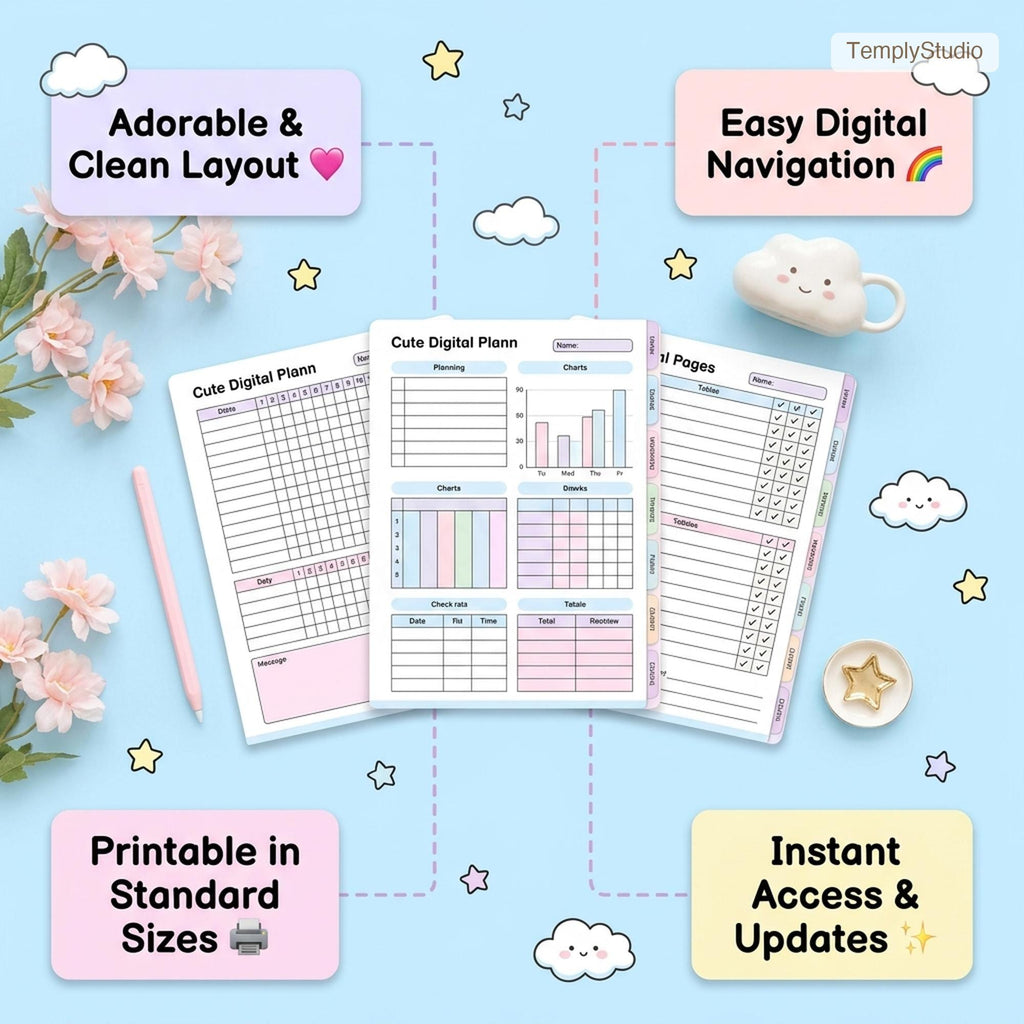 Cute Digital Planner, Undated Digital Planner, 78-Page Pastel Rainbow Planner, H - image 6