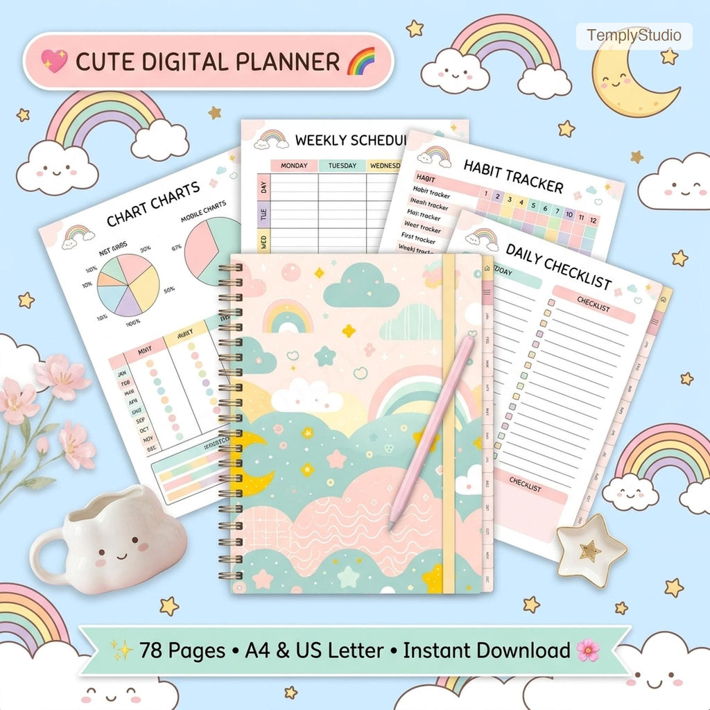Cute Undated Digital Planner | Kawaii Pastel Rainbow Planner compatible with Goodnote - image 1