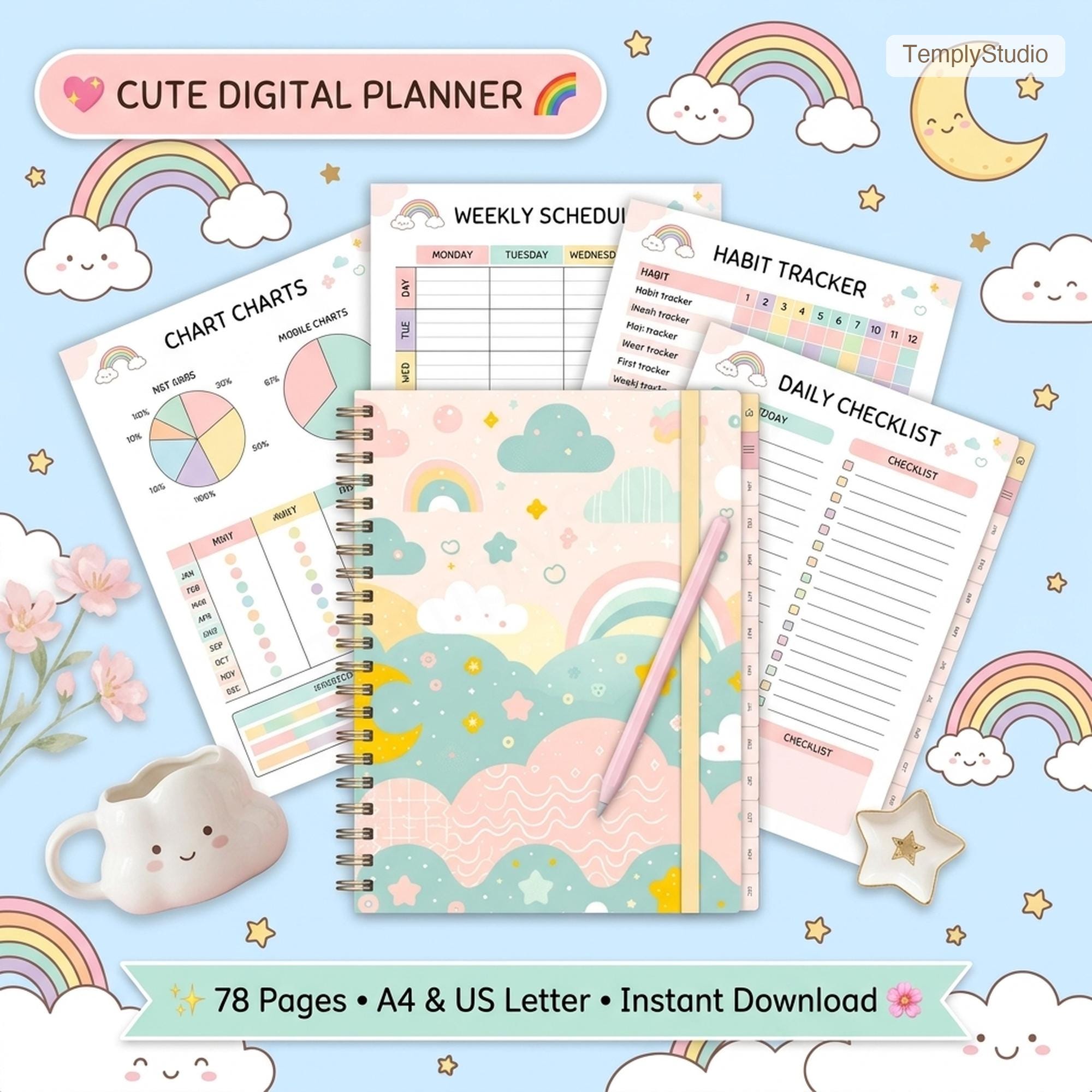 Cute Undated Digital Planner | Kawaii Pastel Rainbow Planner compatible with Goodnote - image 1