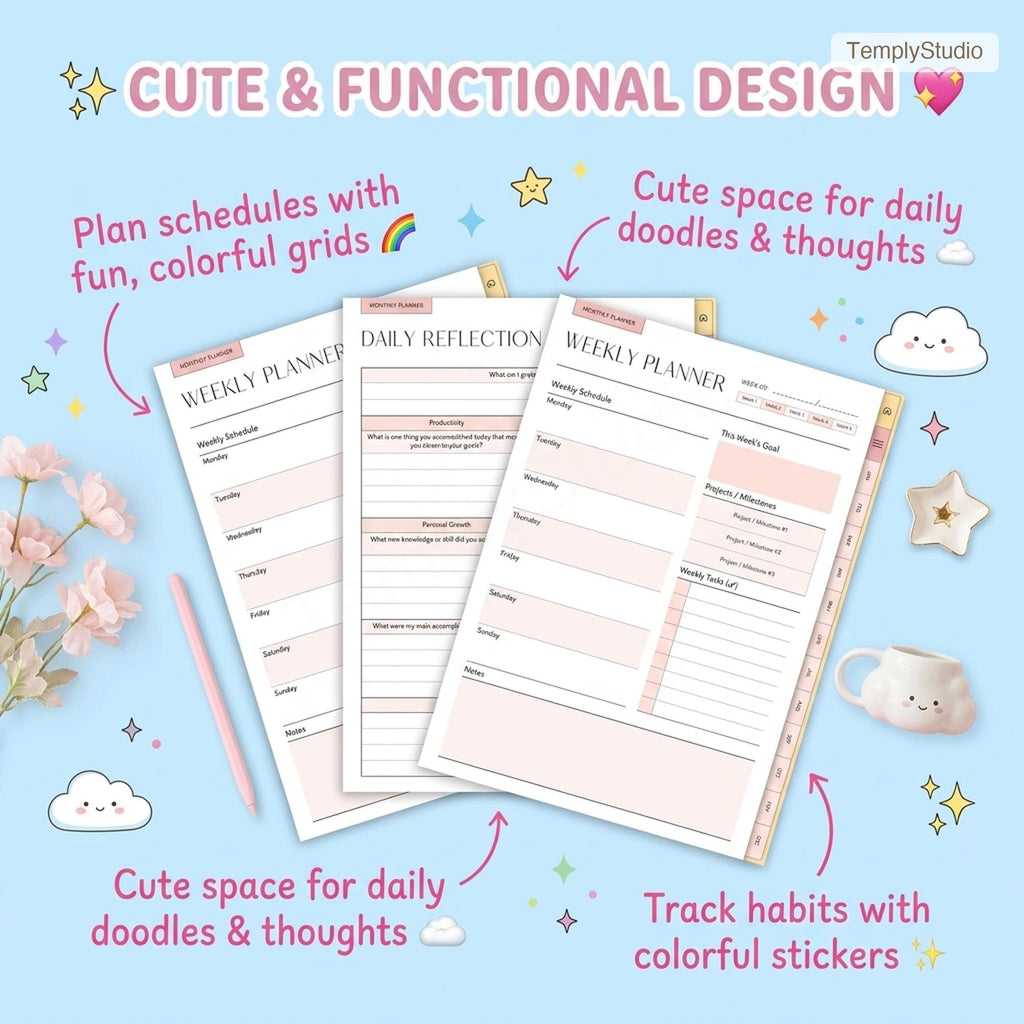 Cute Undated Digital Planner | Kawaii Pastel Rainbow Planner compatible with Goodnote - image 3
