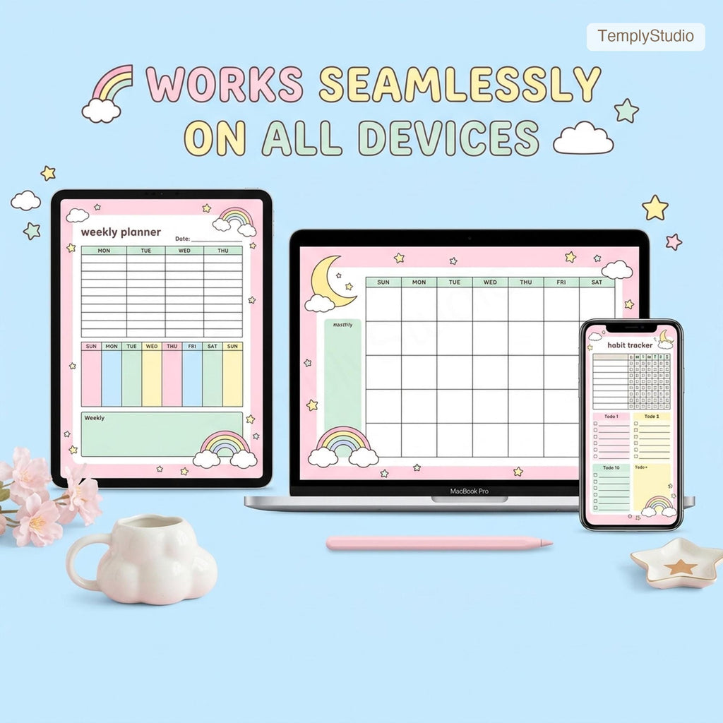 Cute Undated Digital Planner | Kawaii Pastel Rainbow Planner compatible with Goodnote - image 6