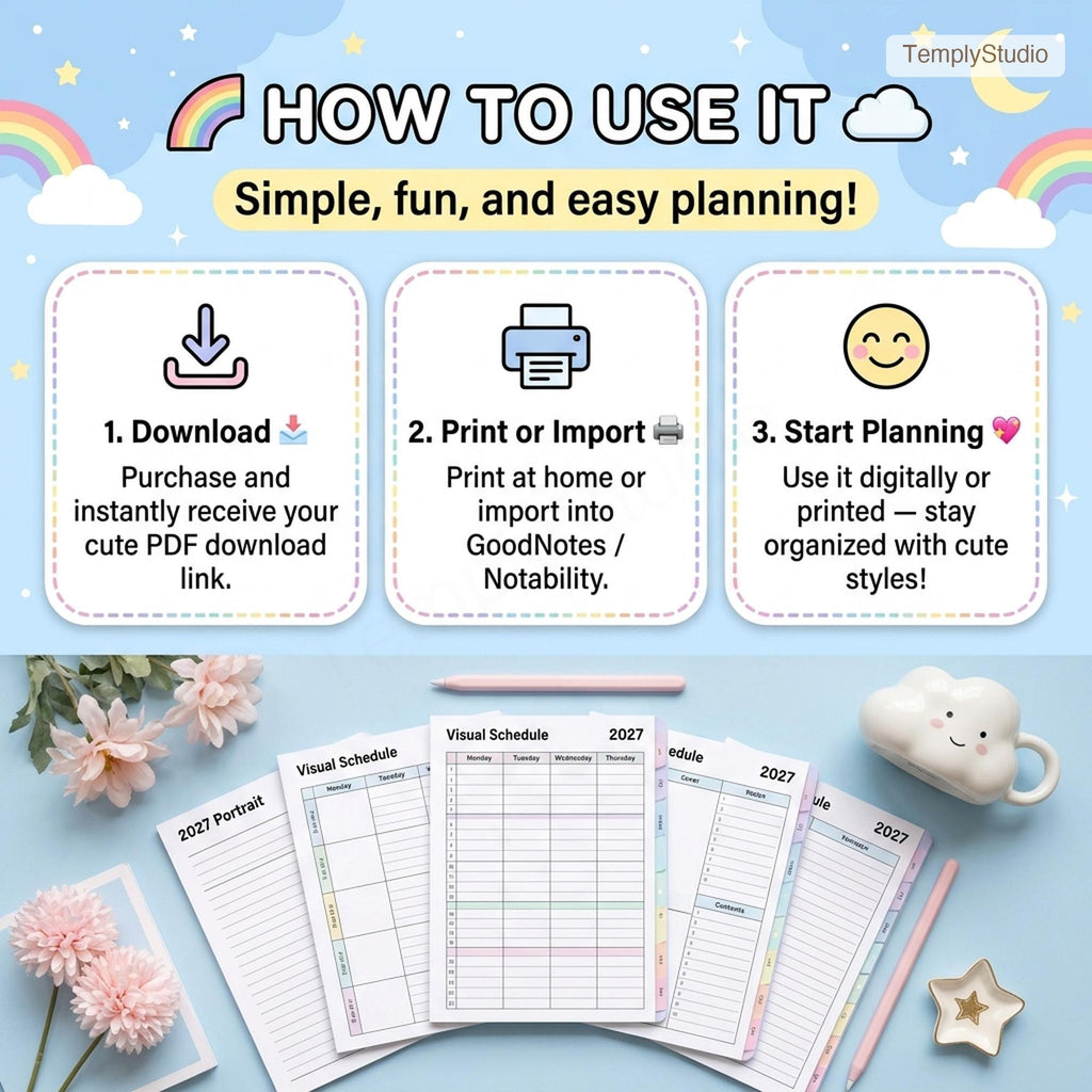 Cute Undated Digital Planner | Kawaii Pastel Rainbow Planner compatible with Goodnote - image 8
