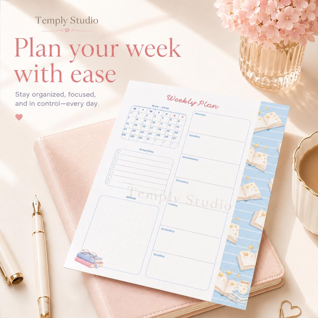 Cute Book Theme Weekly Planner | Printable and Digital Weekly Schedule | Student - image 4