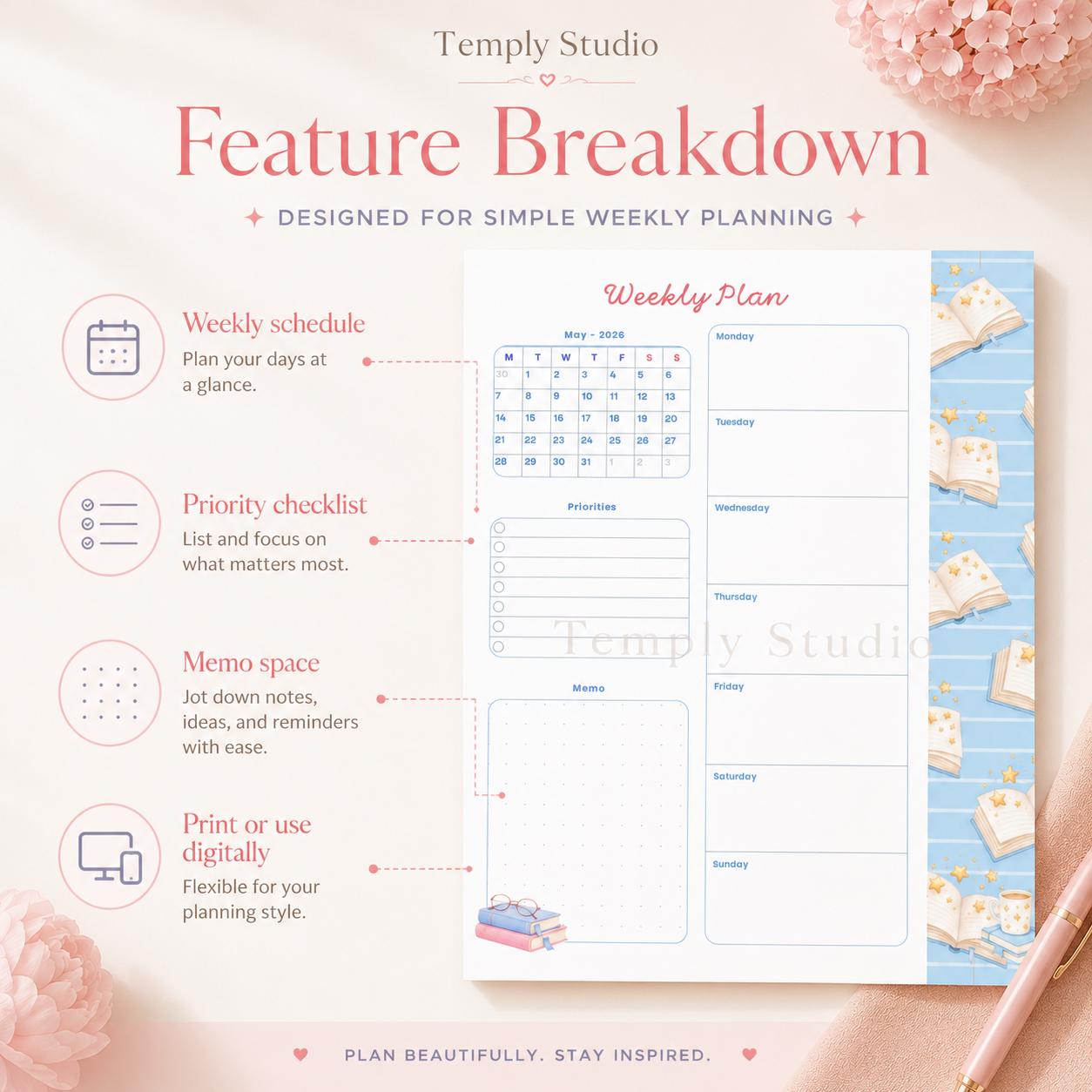 Cute Book Theme Weekly Planner | Printable and Digital Weekly Schedule | Student - image 7