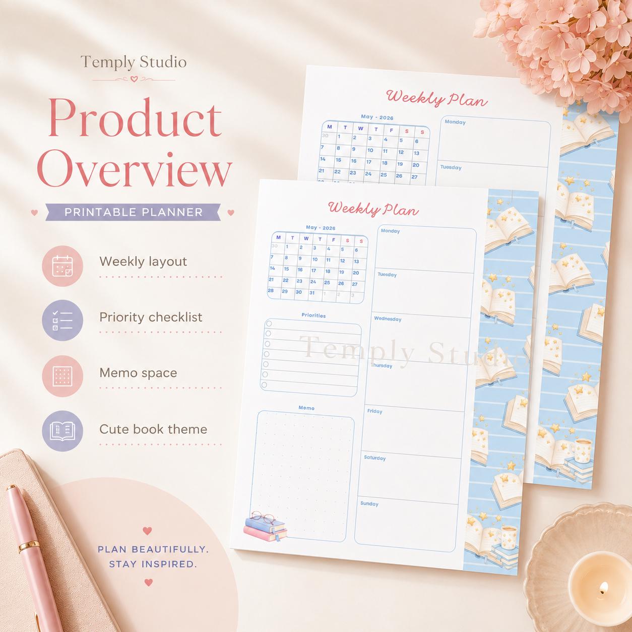 Cute Book Theme Weekly Planner | Printable and Digital Weekly Schedule | Student - image 9