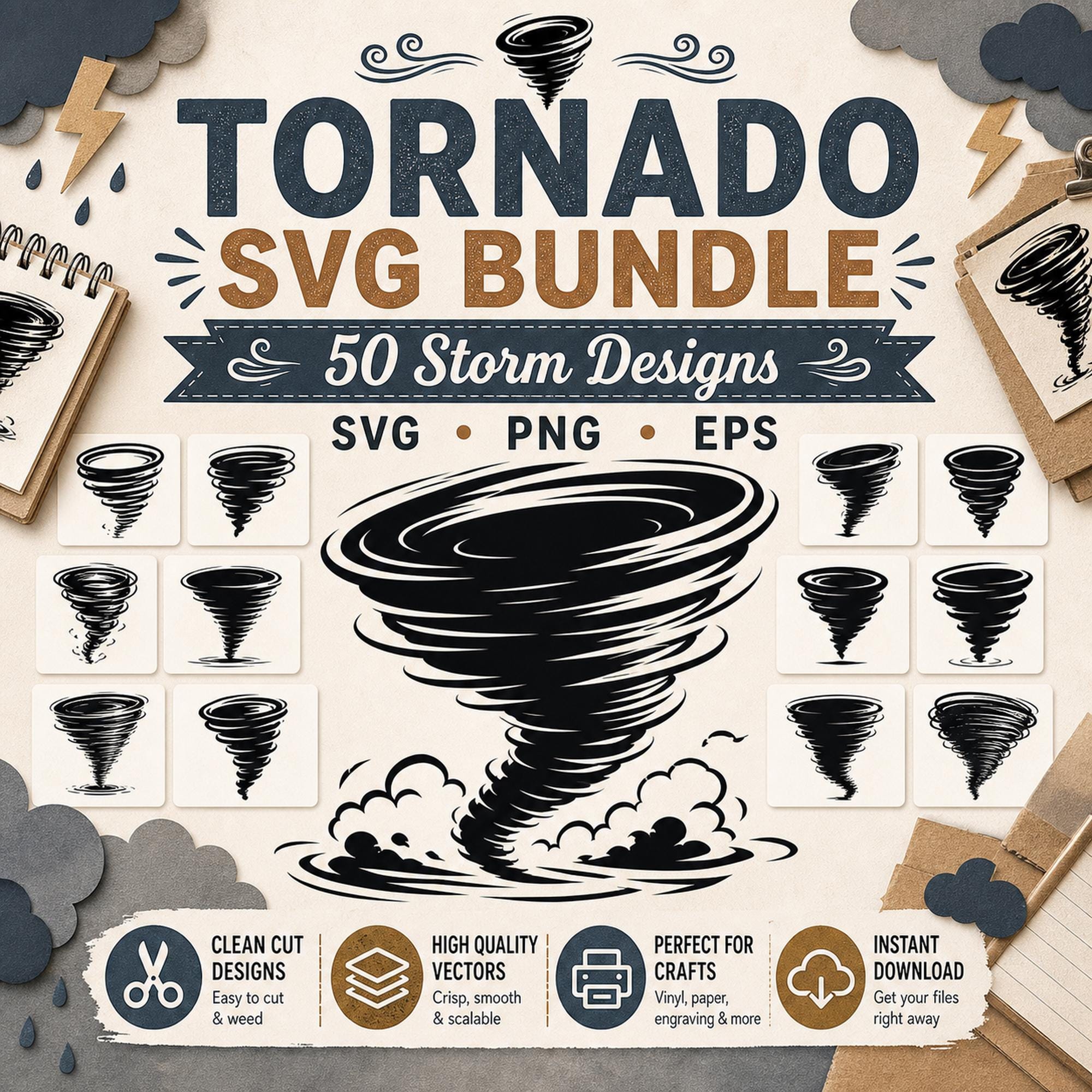 50 Tornado Silhouette SVG Bundle | Storm SVG Cut Files for Cricut | Twister Clipart P - image 1