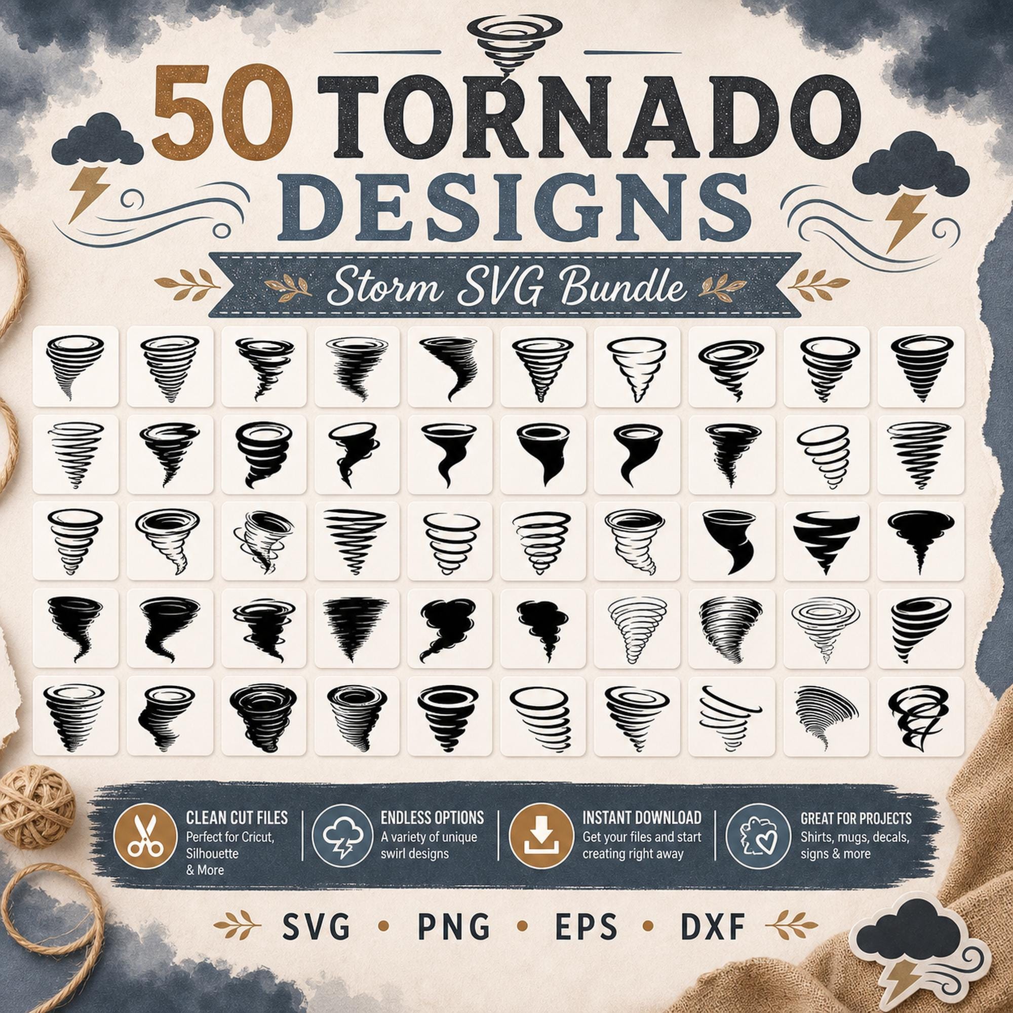 50 Tornado Silhouette SVG Bundle | Storm SVG Cut Files for Cricut | Twister Clipart P - image 7