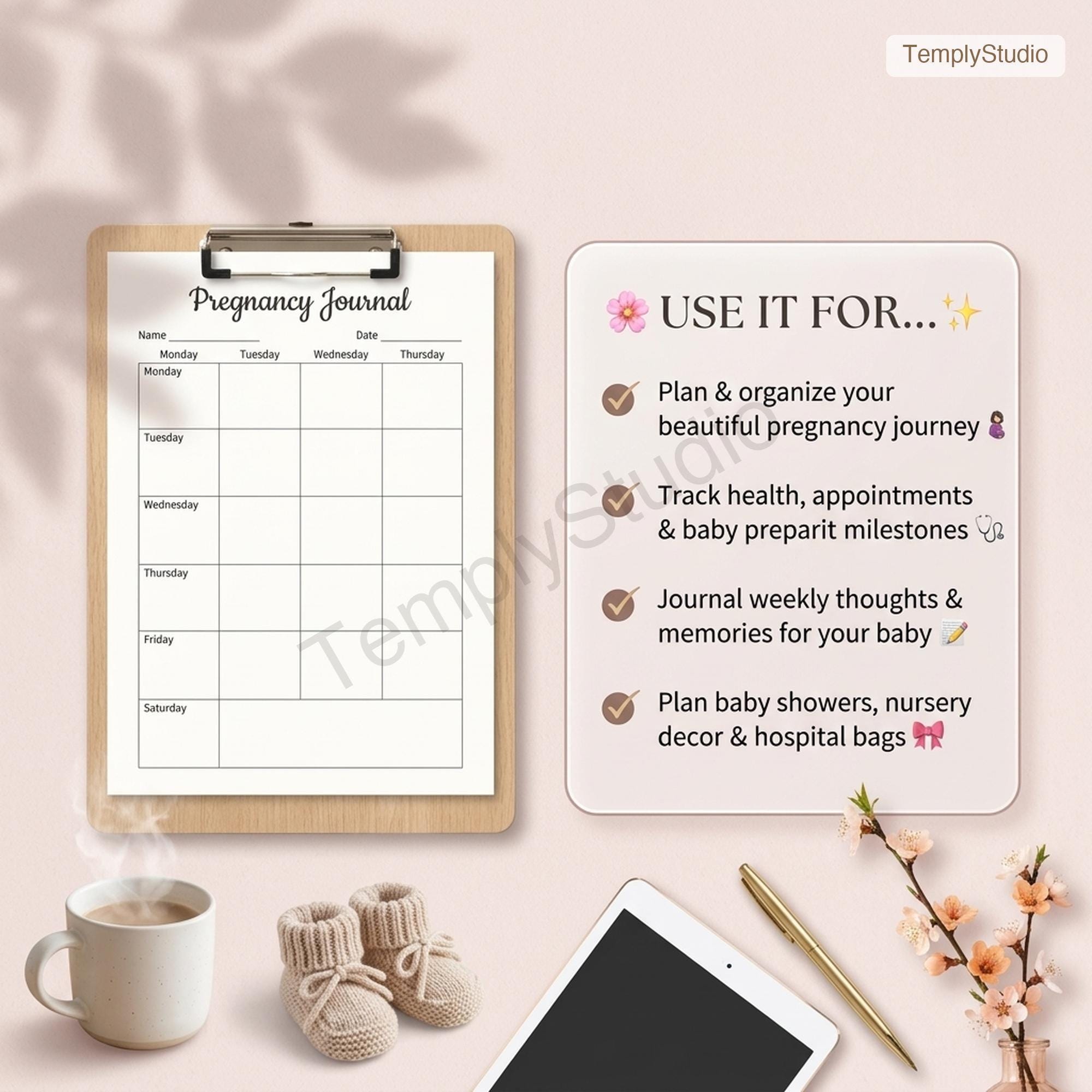 Digital Pregnancy Journal & Planner | Printable US Letter Baby Book | Weekly Tra - image 3
