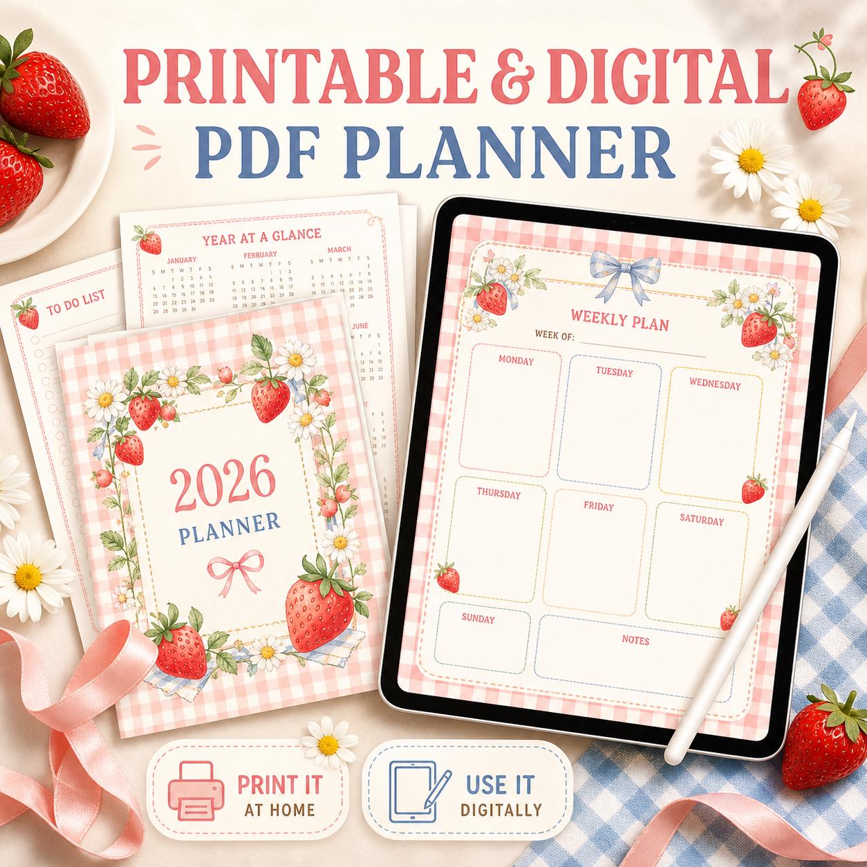 2026 Strawberry Planner Printable | Dated Digital Planner PDF | Cottagecore Aesthetic - image 2