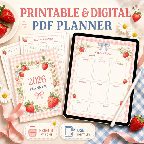 2026 Strawberry Planner Printable | Dated Digital Planner PDF | Cottagecore Aesthetic - image 2