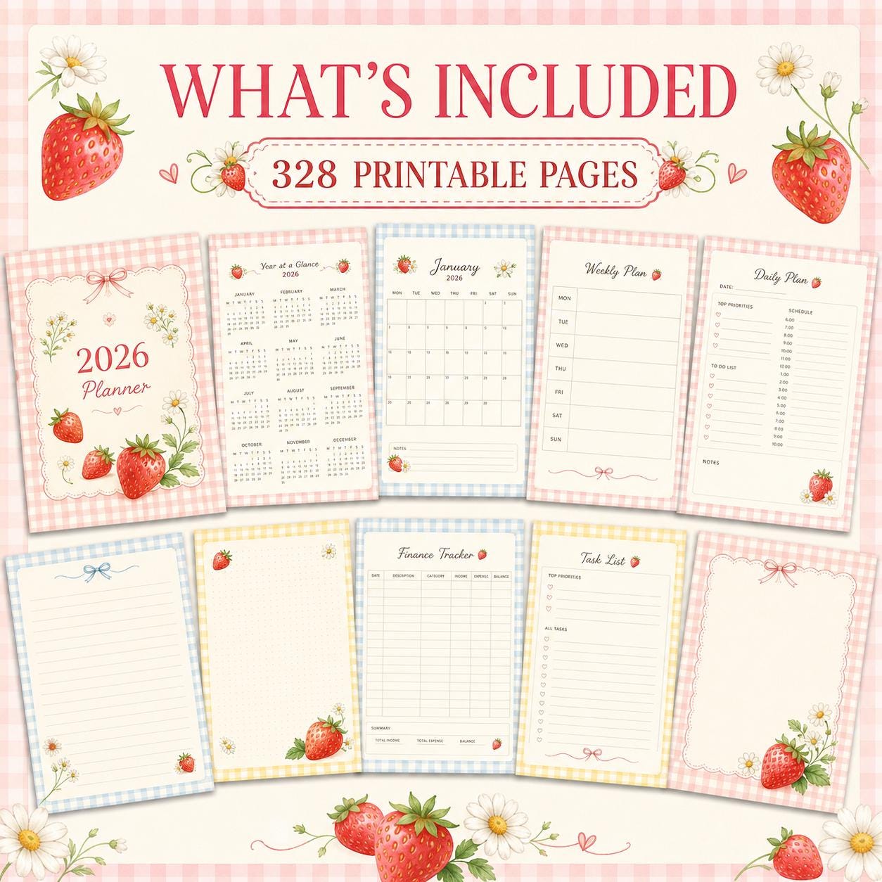 2026 Strawberry Planner Printable | Dated Digital Planner PDF | Cottagecore Aesthetic - image 5