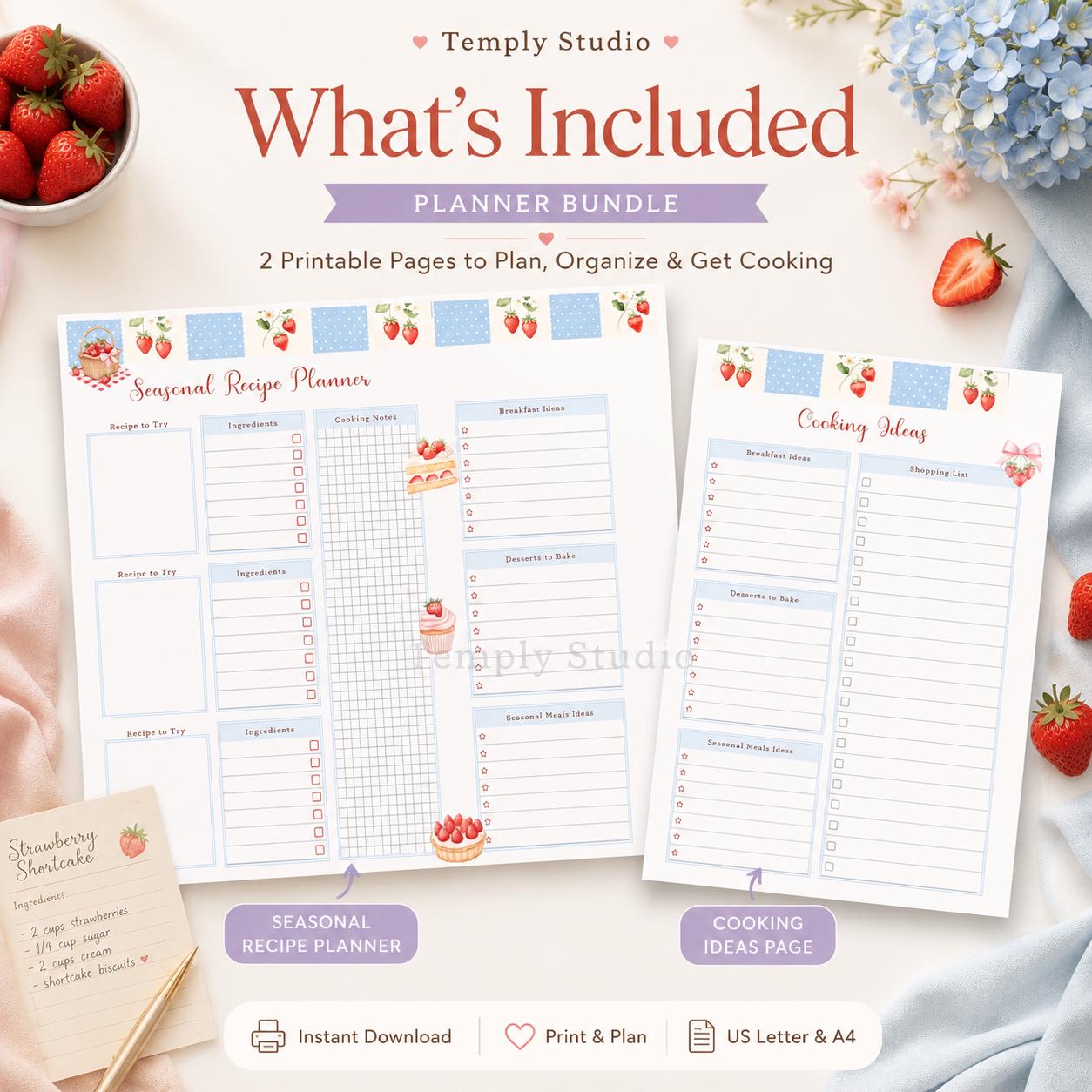 Strawberry Recipe Planner Printable | Cute Meal Planner and Kitchen Organizer In - image 2