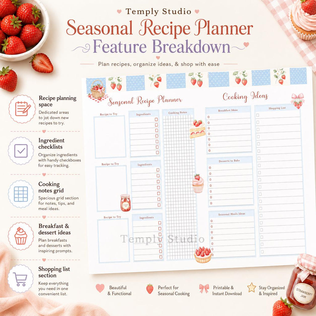 Strawberry Recipe Planner Printable | Cute Meal Planner and Kitchen Organizer In - image 3