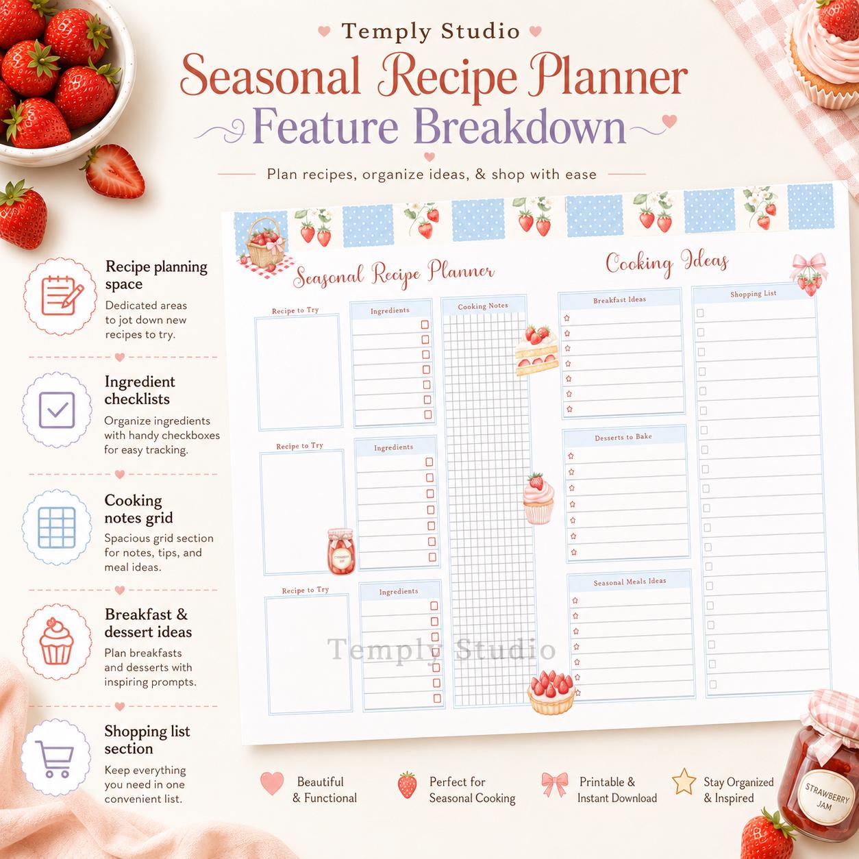 Strawberry Recipe Planner Printable | Cute Meal Planner and Kitchen Organizer In - image 3