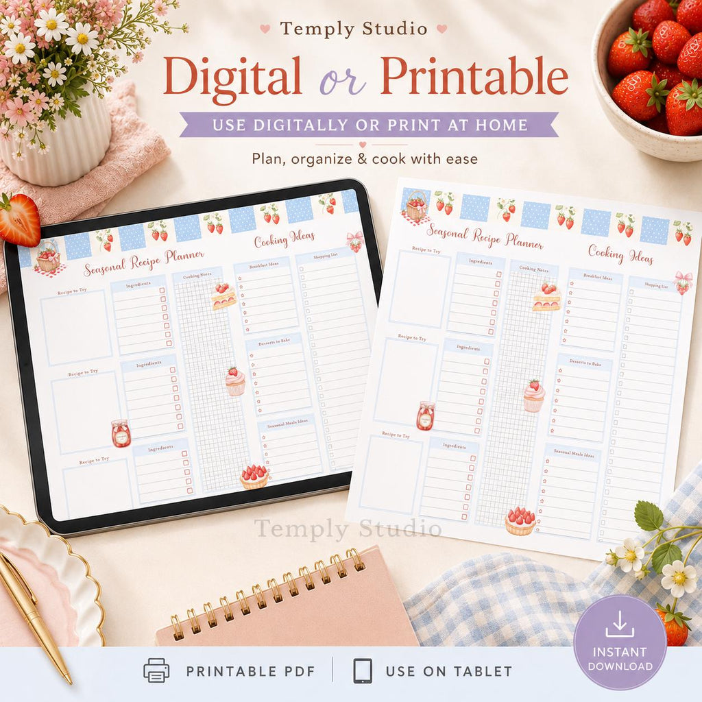 Strawberry Recipe Planner Printable | Cute Meal Planner and Kitchen Organizer In - image 5