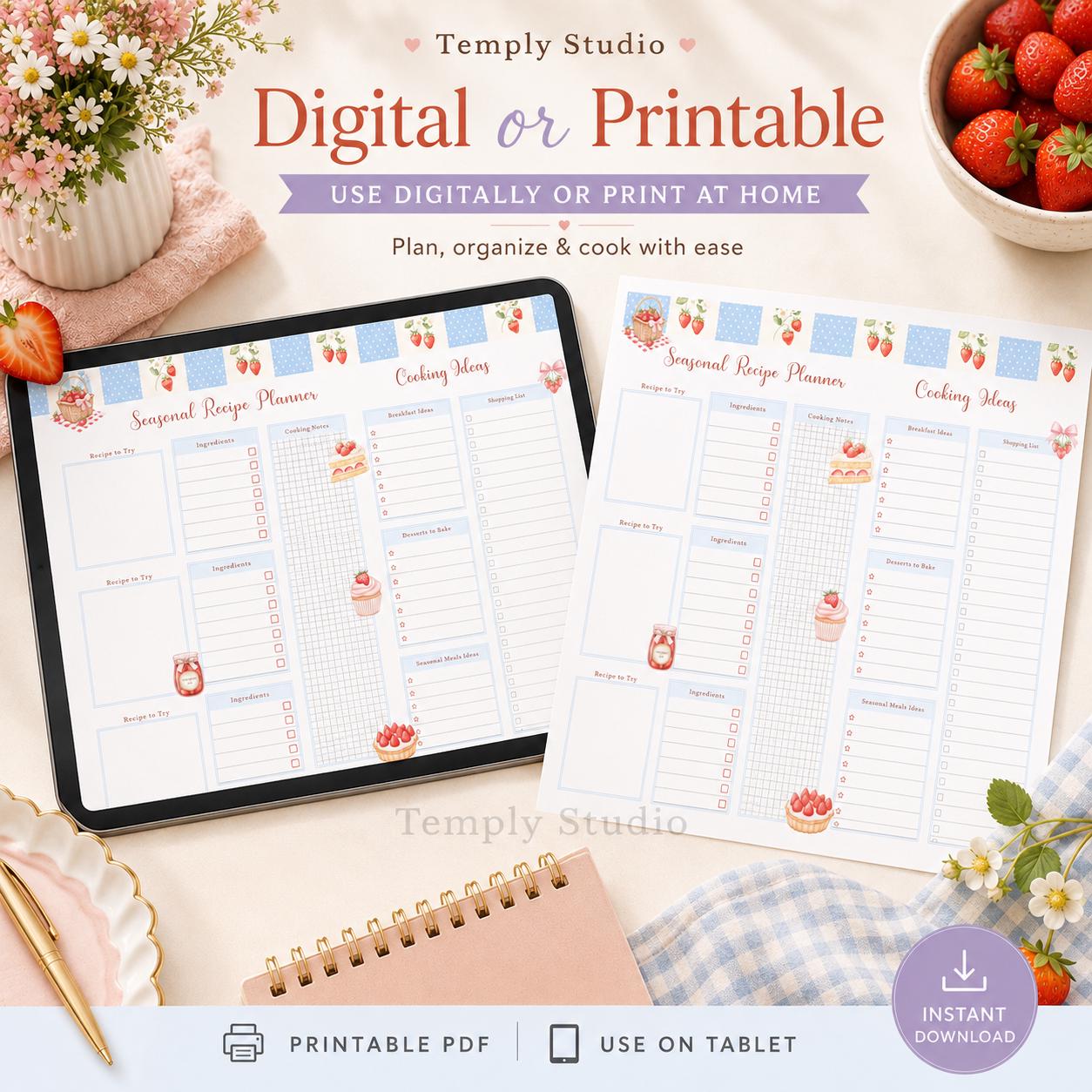Strawberry Recipe Planner Printable | Cute Meal Planner and Kitchen Organizer In - image 5