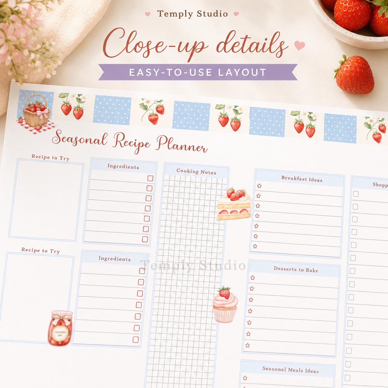 Strawberry Recipe Planner Printable | Cute Meal Planner and Kitchen Organizer In - image 6