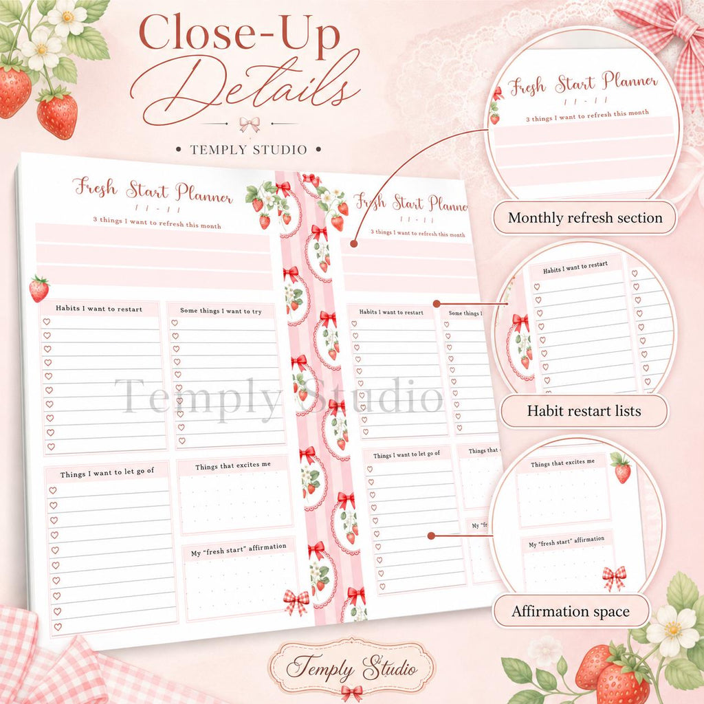 Fresh Start Planner Printable | Strawberry Aesthetic Monthly Reset Journal Page  - image 4
