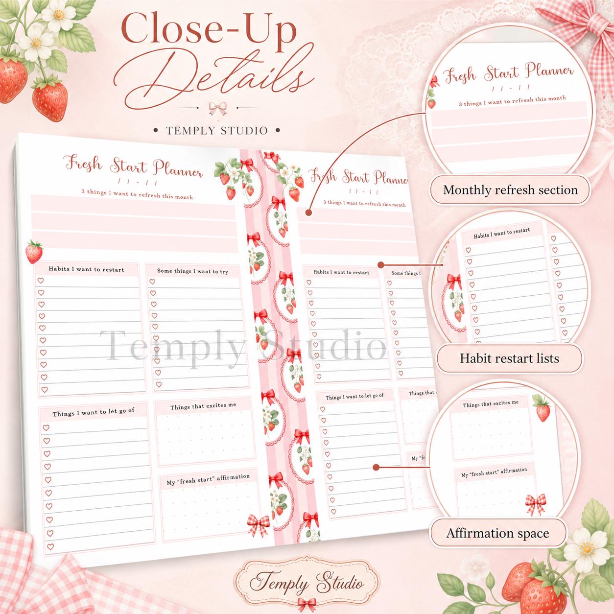 Fresh Start Planner Printable | Strawberry Aesthetic Monthly Reset Journal Page  - image 4
