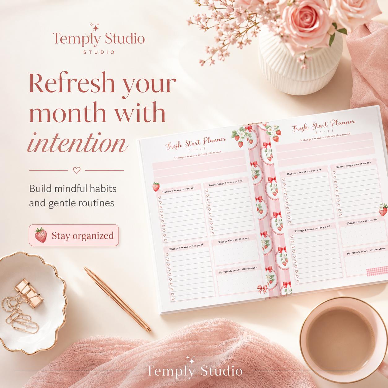 Fresh Start Planner Printable | Strawberry Aesthetic Monthly Reset Journal Page  - image 5