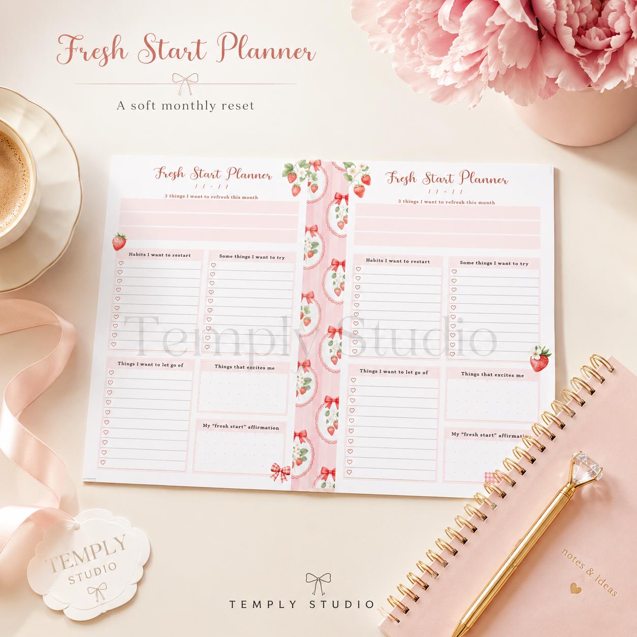 Fresh Start Planner Printable | Strawberry Aesthetic Monthly Reset Journal Page  - image 7