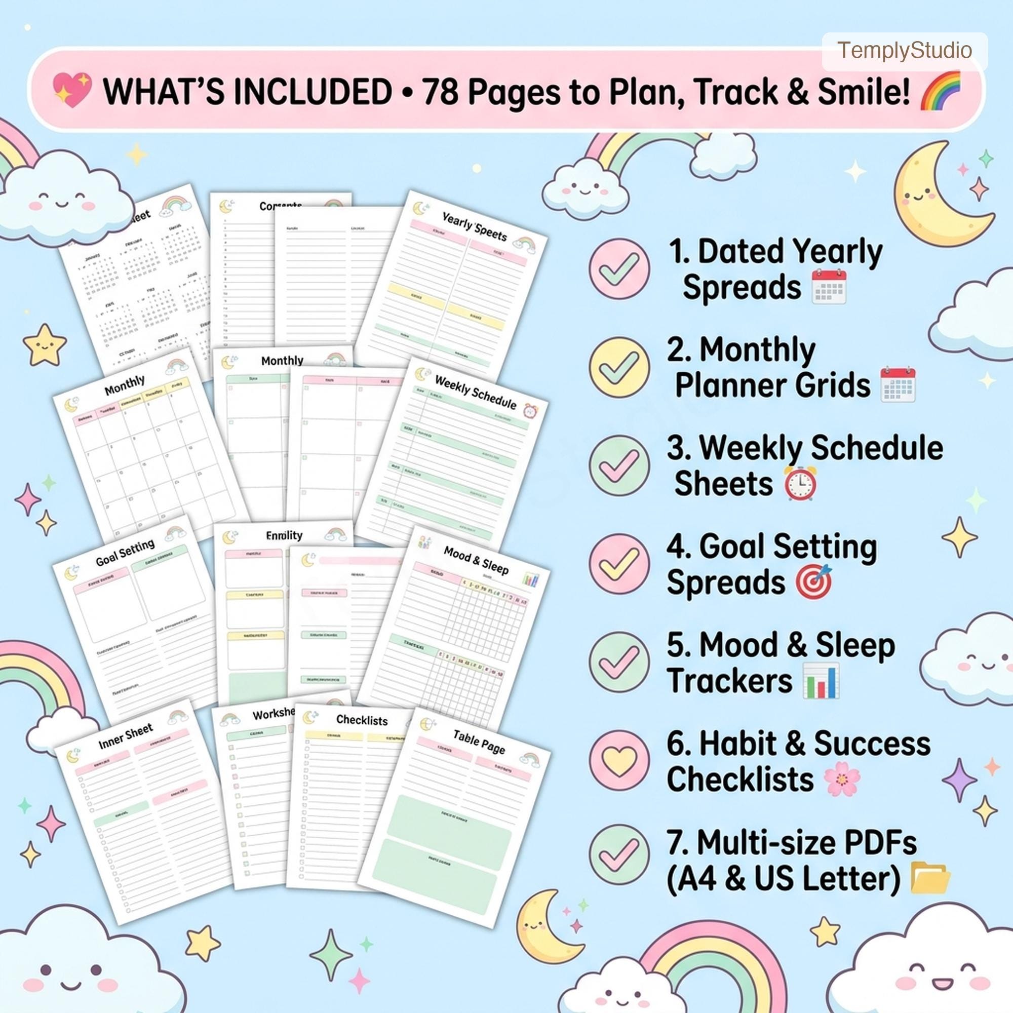 Undated Cute Digital Planner | Pastel Rainbow Planner for iPad compatible with GoodNo - image 4