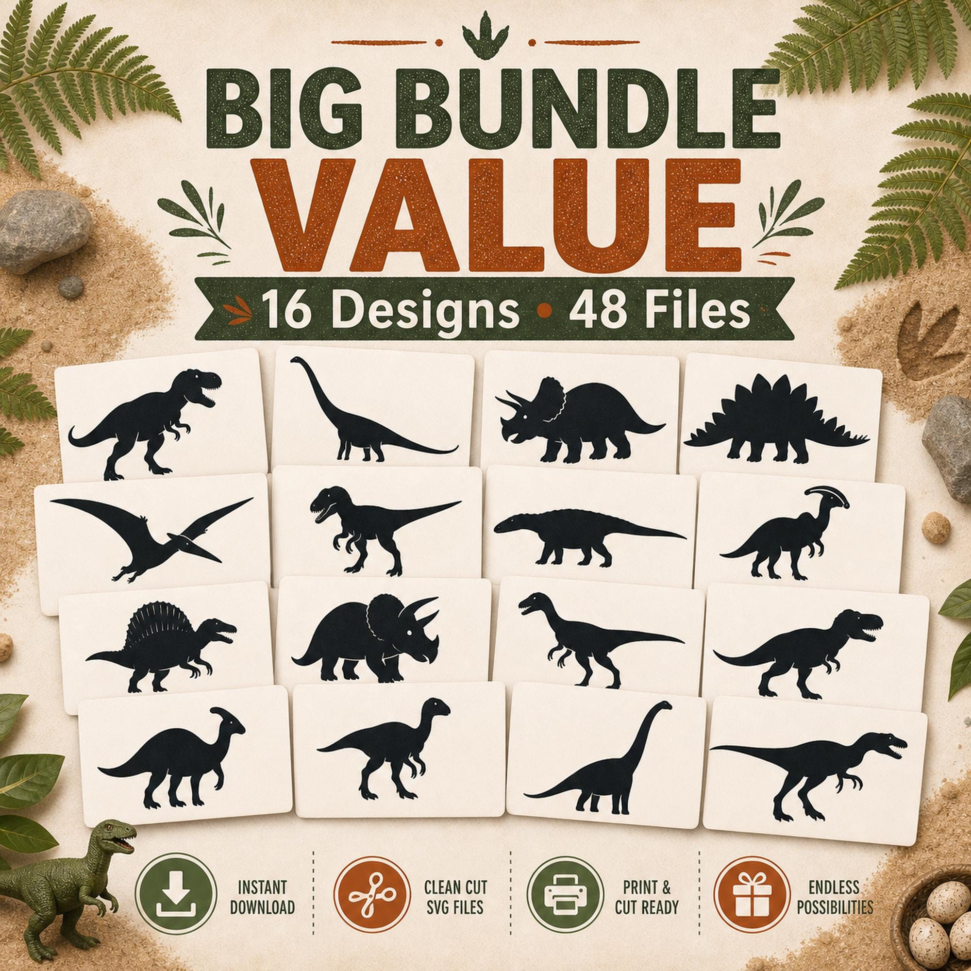 16 Dinosaur SVG Bundle Silhouette | Prehistoric Dino Clipart for Cutting Machines | T - image 9