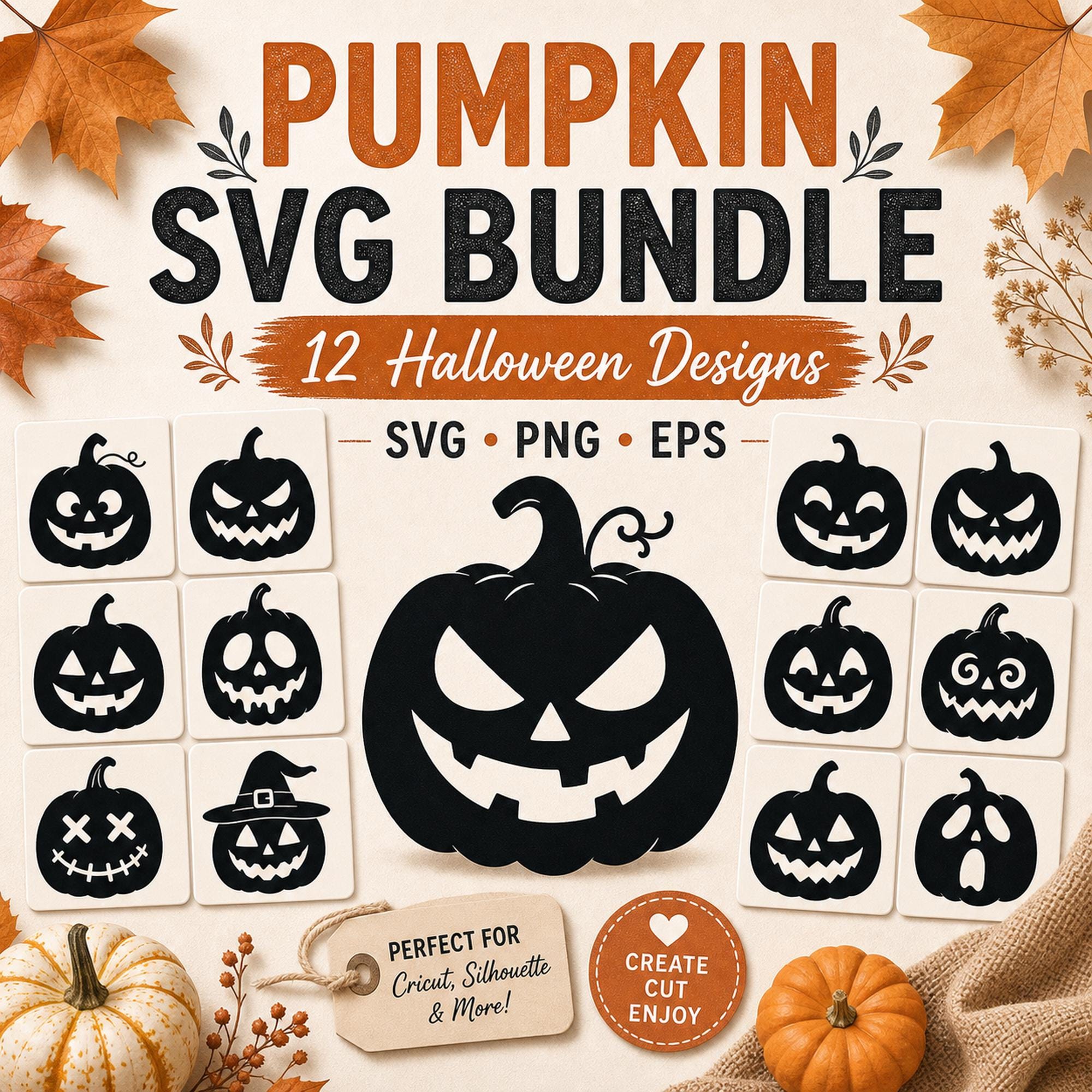 12 Pumpkin Face SVG Bundle | Jack O Lantern SVG | Halloween Cut Files | Spooky Pumpki - image 1