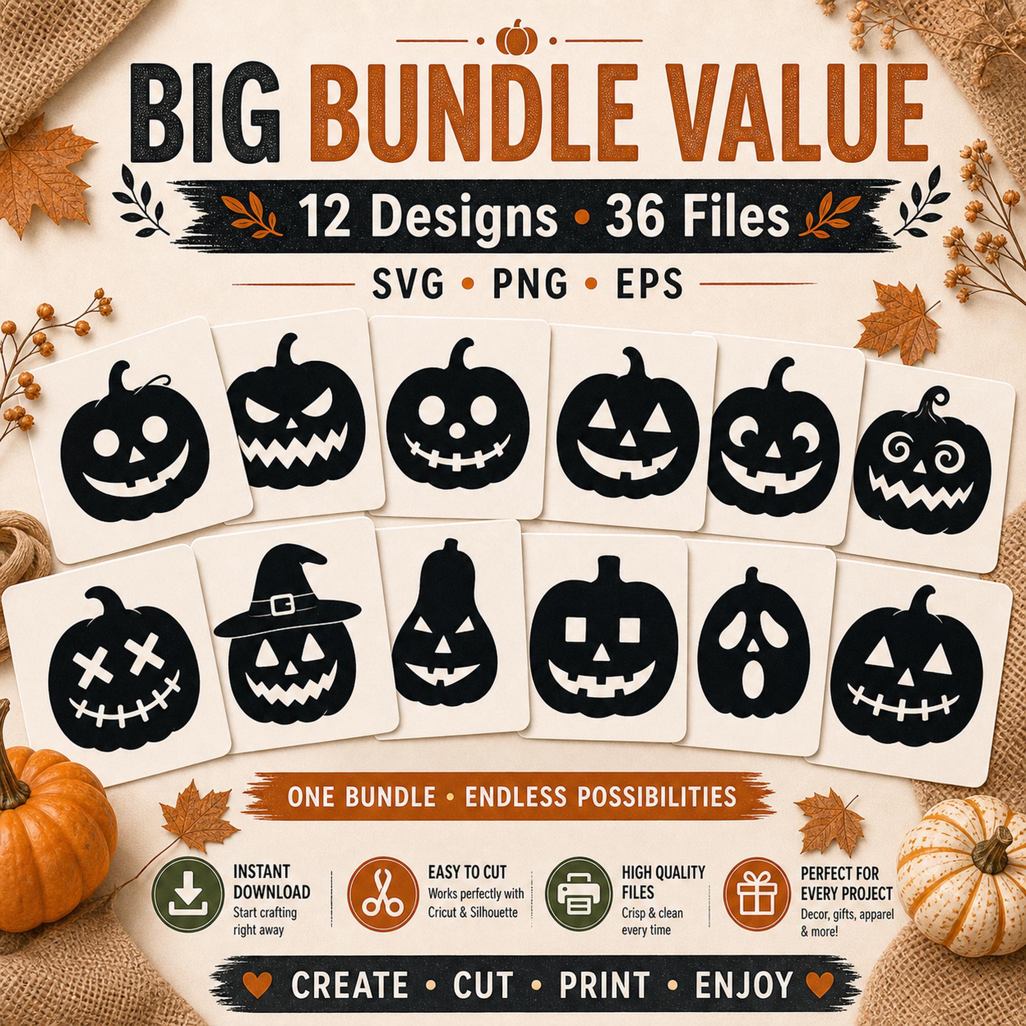 12 Pumpkin Face SVG Bundle | Jack O Lantern SVG | Halloween Cut Files | Spooky Pumpki - image 9