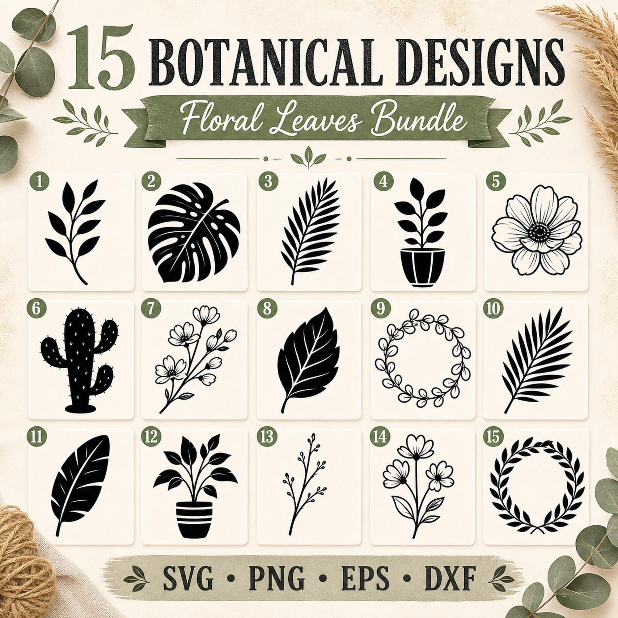 15 Floral Leaves Silhouette SVG Bundle | Botanical Plant Cut Files for Cricut |  - image 2