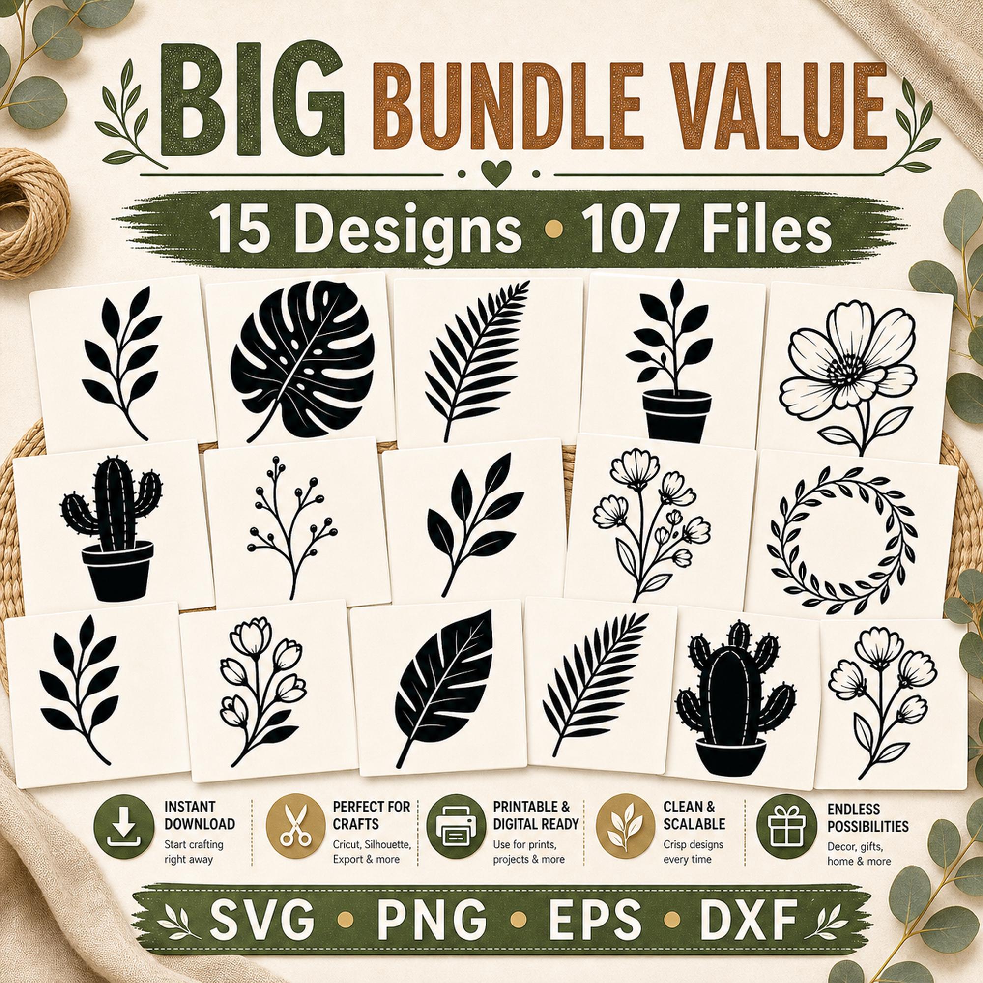15 Floral Leaves Silhouette SVG Bundle | Botanical Plant Cut Files for Cricut |  - image 9
