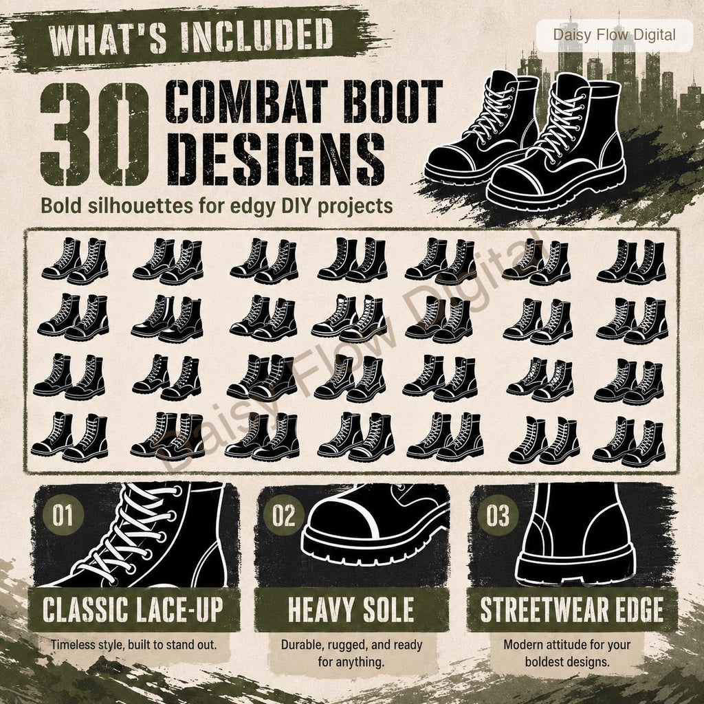 Combat Boot SVG Bundle | 30 Boot Silhouette Clipart | Military Army Boot PNG | Goth P - image 3