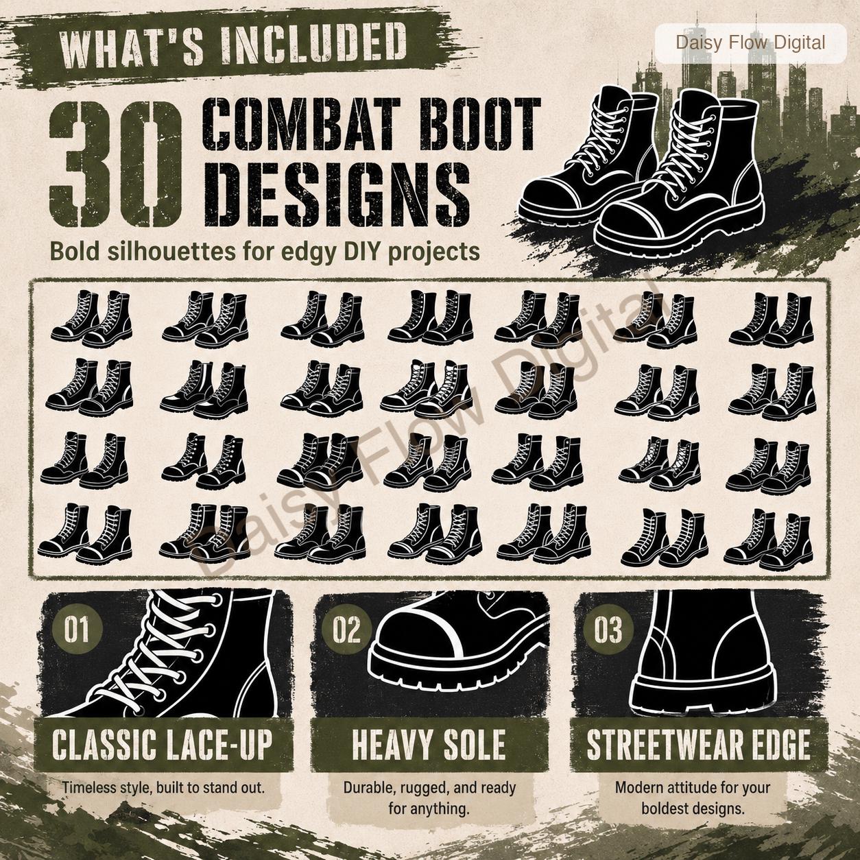 Combat Boot SVG Bundle | 30 Boot Silhouette Clipart | Military Army Boot PNG | Goth P - image 3
