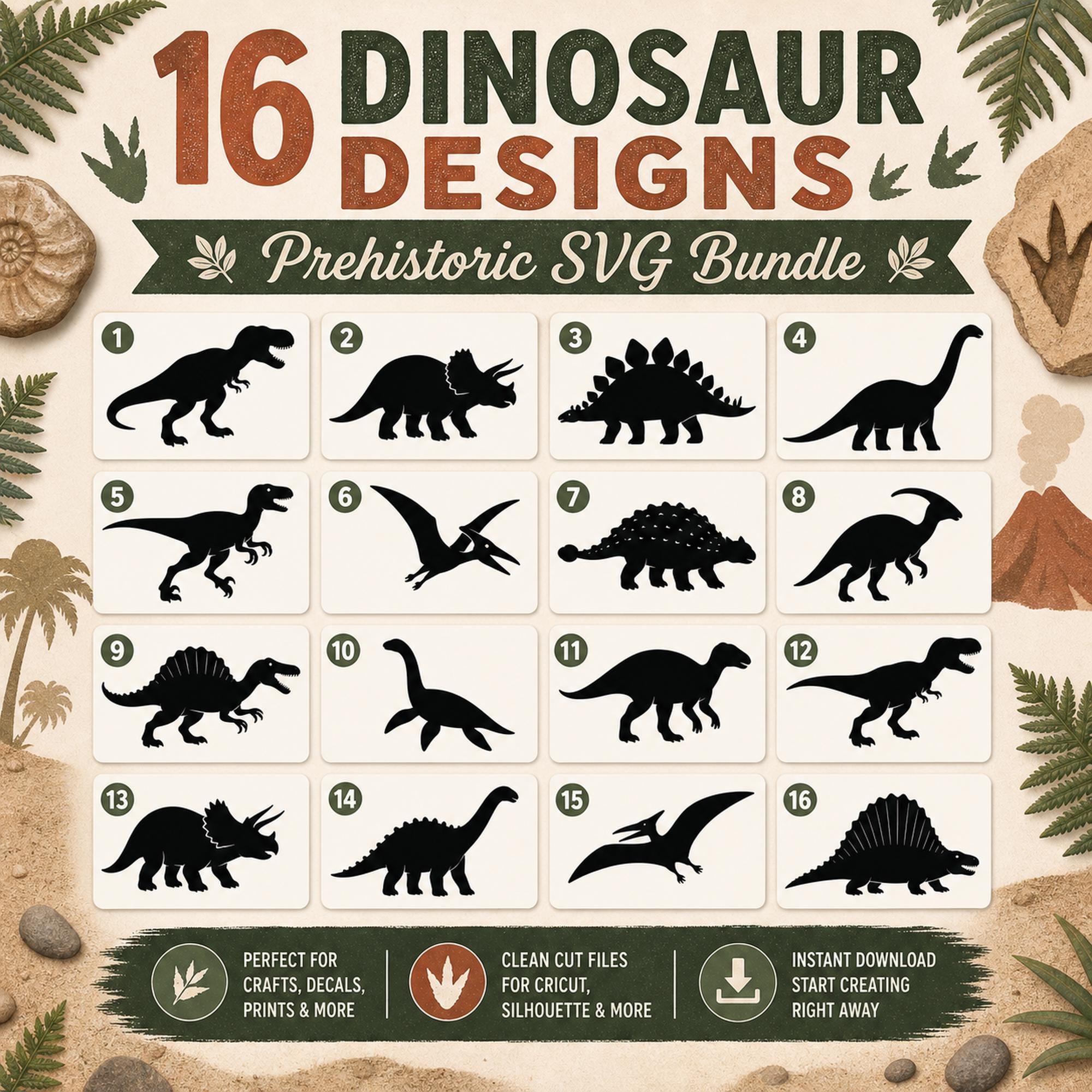 16 Dinosaur SVG Bundle Silhouette | Prehistoric Dino Clipart for Cutting Machines | T - image 2