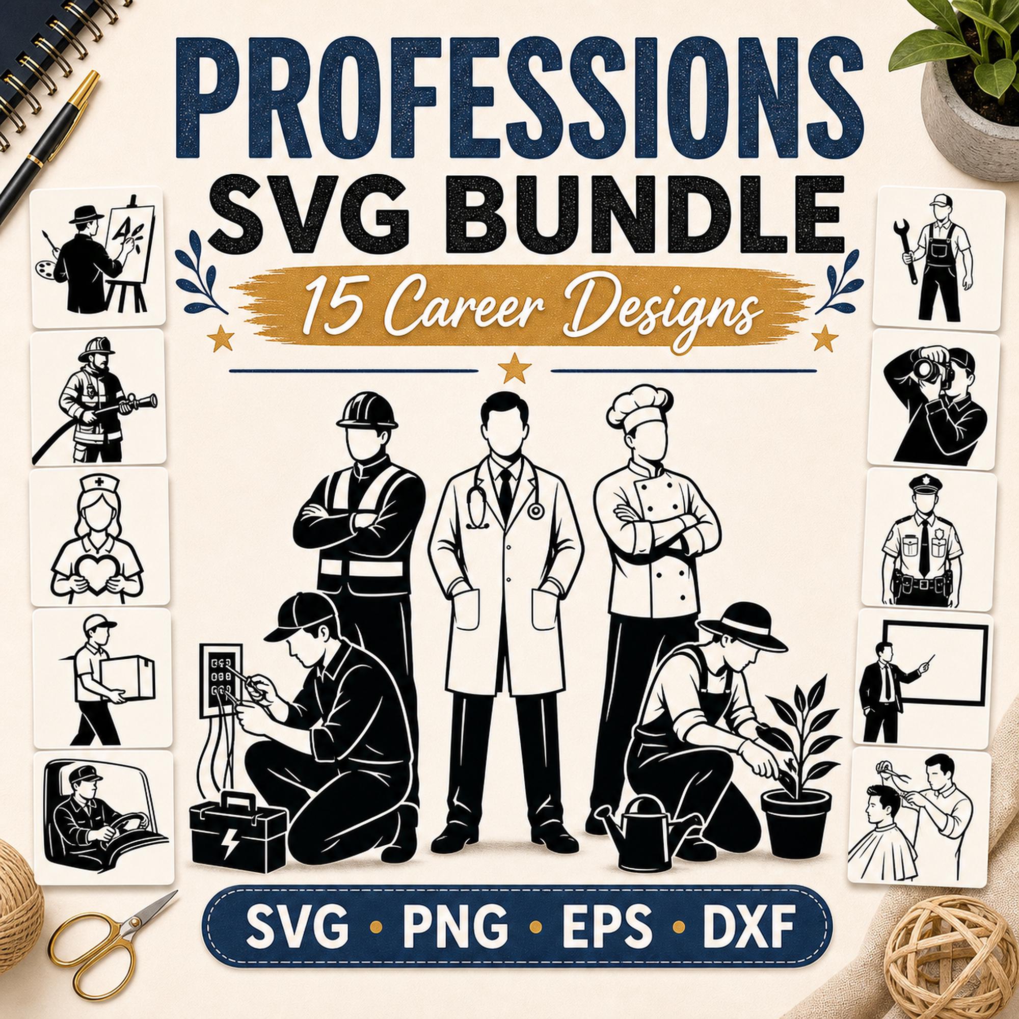 15 Professions SVG Bundle Silhouette | Career Job PNG Cut Files for Cricut | Com - image 1