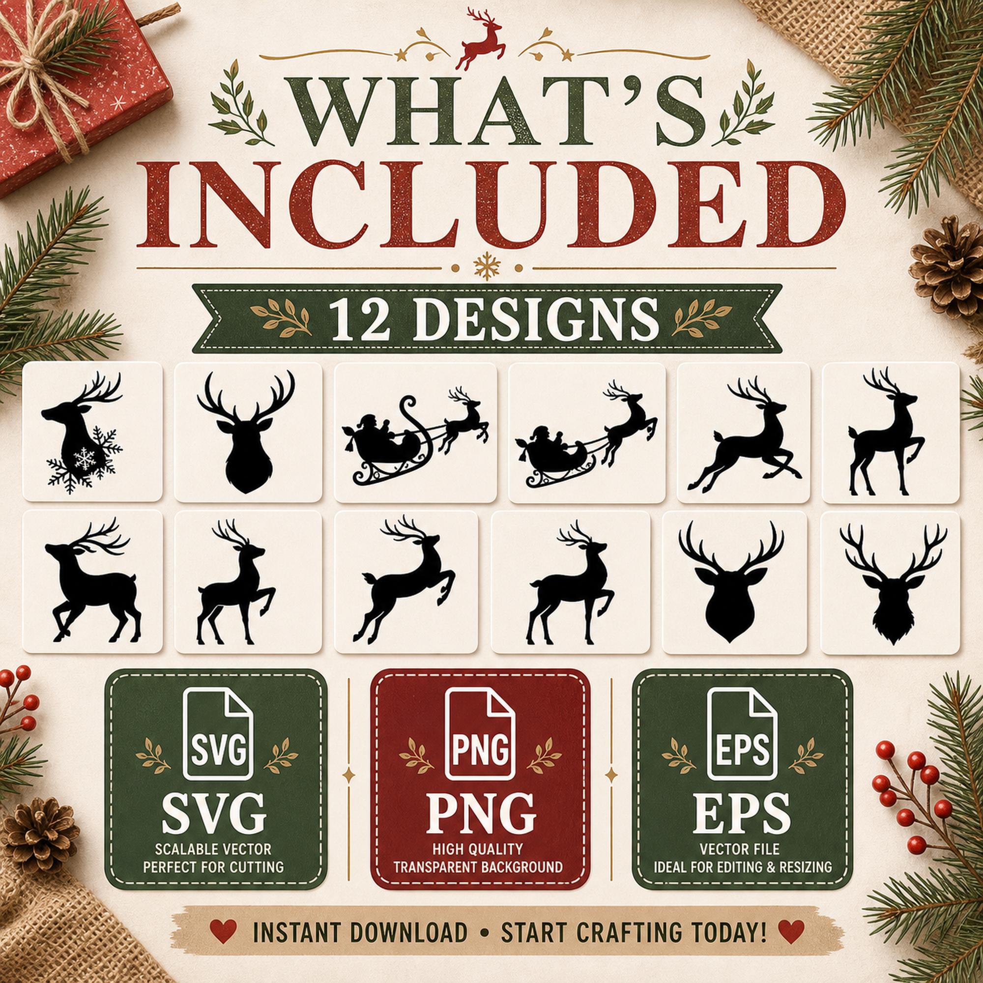 12 Reindeer Silhouette SVG Bundle | Christmas SVG compatible with Cricut | Santa Slei - image 4