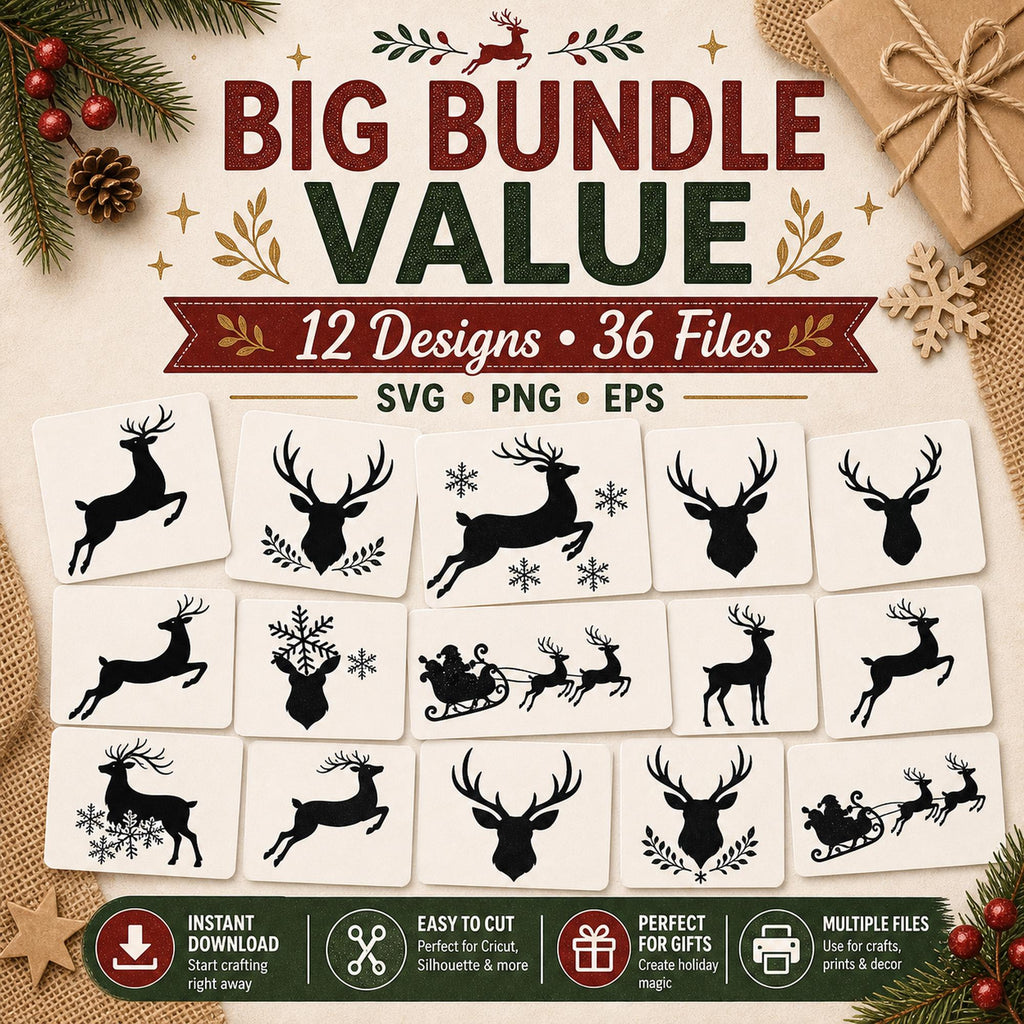 12 Reindeer Silhouette SVG Bundle | Christmas SVG compatible with Cricut | Santa Slei - image 10
