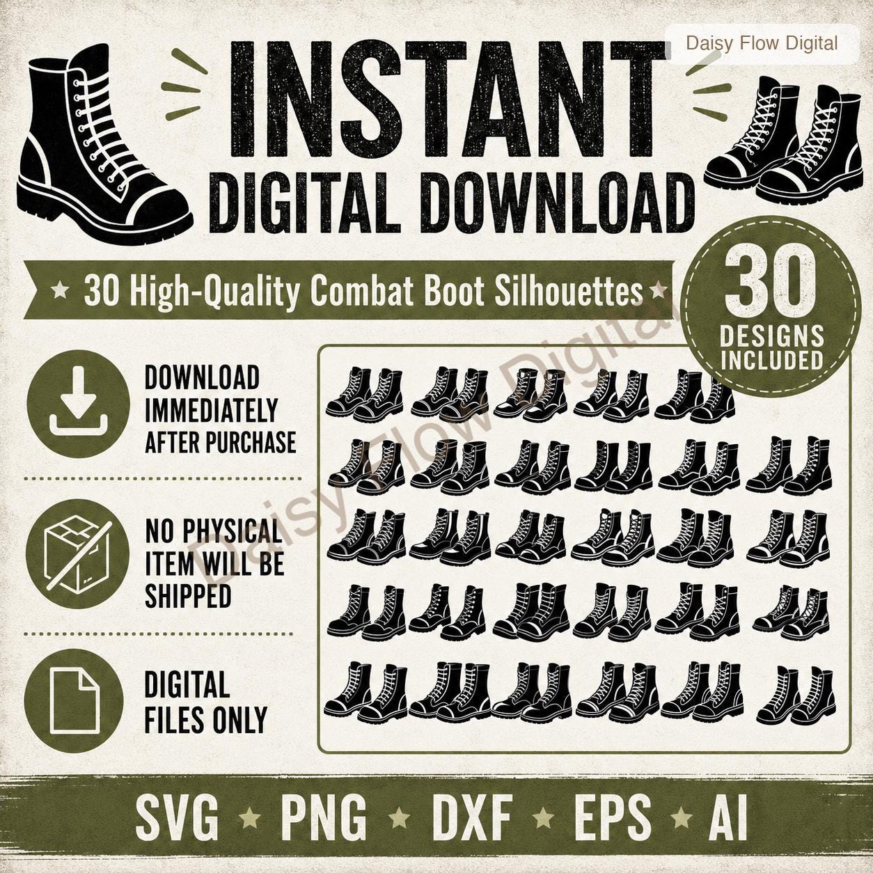 Combat Boot SVG Bundle | 30 Boot Silhouette Clipart | Military Army Boot PNG | Goth P - image 6